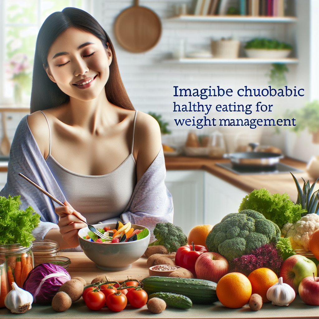 A bright and inviting scene of a kitchen counter filled with a colorful array of fresh, healthy foods: vibrant vegetables, ripe fruits, and lean protein sources. In the background, a person with a serene and contented expression is calmly preparing a simple, nutritious meal, emphasizing a relaxed, everyday approach to healthy eating for weight loss, without any sports or gym equipment visible. The overall mood is positive, achievable, and focused on sustainable well-being through diet.