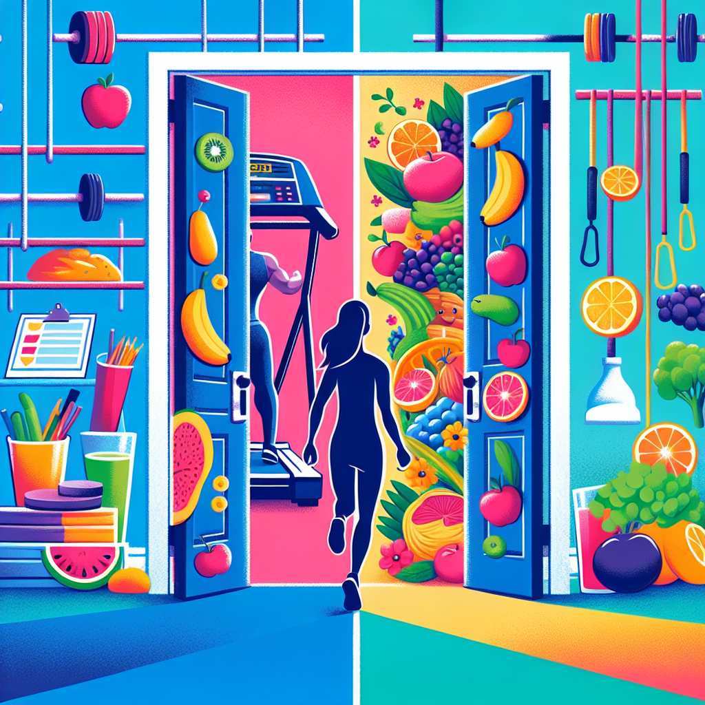 A visual metaphor depicting two doors: one leading to a gym with workout equipment, the other opening to a home kitchen filled with fresh, healthy food and a relaxed, happy person preparing a nutritious meal. The person is confidently walking towards the kitchen door, symbolizing successful weight loss through diet and lifestyle changes rather than exercise. Bright, inviting colors, clean illustrative style.