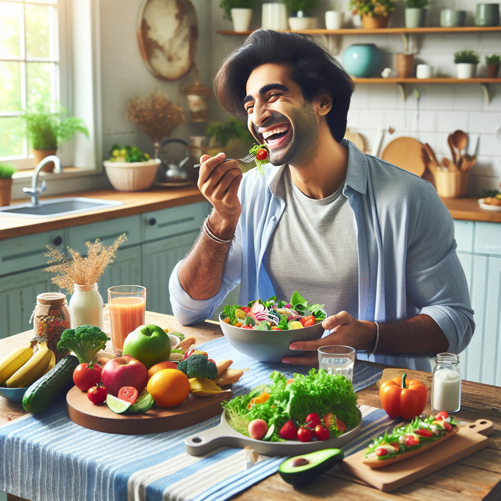 A happy and serene person, casually dressed, enjoying a balanced and colorful meal at a clean kitchen table in a cozy home setting. The table is filled with fresh, vibrant healthy foods like salads, fruits, vegetables, and a modest portion of lean protein. There are no elements of sports or exercise equipment present, explicitly emphasizing weight loss through nutrition and a relaxed lifestyle. Soft natural light, warm and inviting atmosphere. Realistic photo.