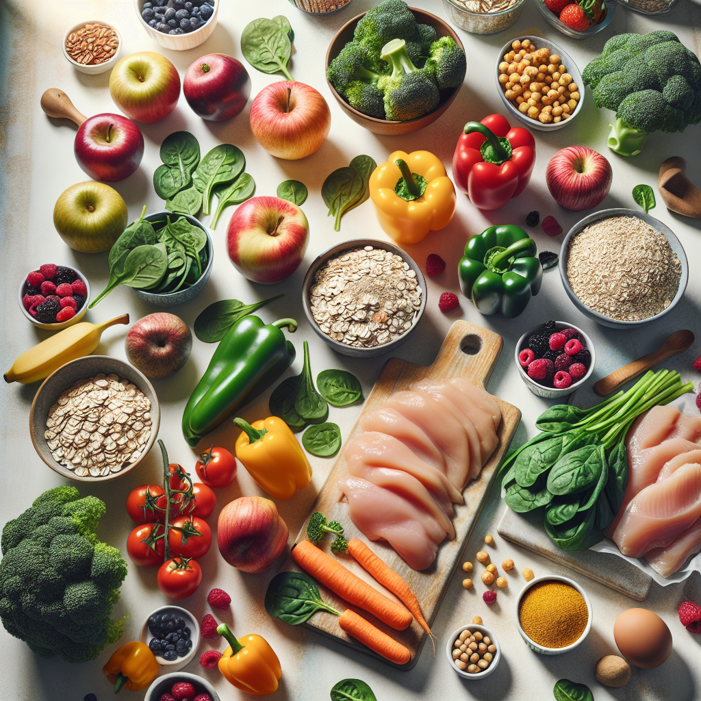 A visually appealing and vibrant overhead flat lay photograph of a diverse array of fresh, wholesome food ingredients spread artistically on a light kitchen counter. The arrangement includes a variety of colorful vegetables (bell peppers, spinach, broccoli), fresh fruits (berries, apples), whole grains (oats, brown rice), and lean protein sources (chicken breast, chickpeas). The composition suggests strategic meal preparation and the abundance of healthy choices for effective weight loss without exercise. Bright, natural lighting, clean and modern aesthetic.