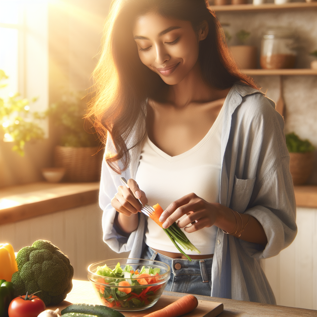 A happy and healthy-looking person, not engaged in any strenuous activity, casually enjoying a wholesome, colorful meal at home or preparing fresh vegetables in a relaxed kitchen setting. The image should convey a sense of calm well-being, healthy lifestyle, and mindful eating, emphasizing nourishment without depicting any sports or exercise equipment. Soft, natural lighting and a clean, inviting atmosphere.