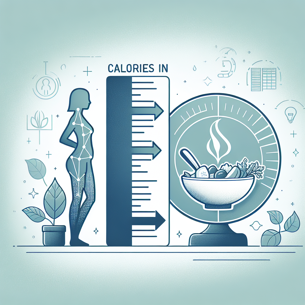 A conceptual image illustrating the principle of calorie deficit for weight loss, without any physical exercise. A simplified graphic shows a 'calories in' container (e.g., a small bowl of healthy food) being significantly less than a 'calories out' container (represented by an abstract energy meter or a fading energy bar, indicating passive burning). In the background, a subtly slimmer silhouette of a person, feeling content and healthy. Modern, clean, and minimalistic design, no sports equipment or gym settings visible.