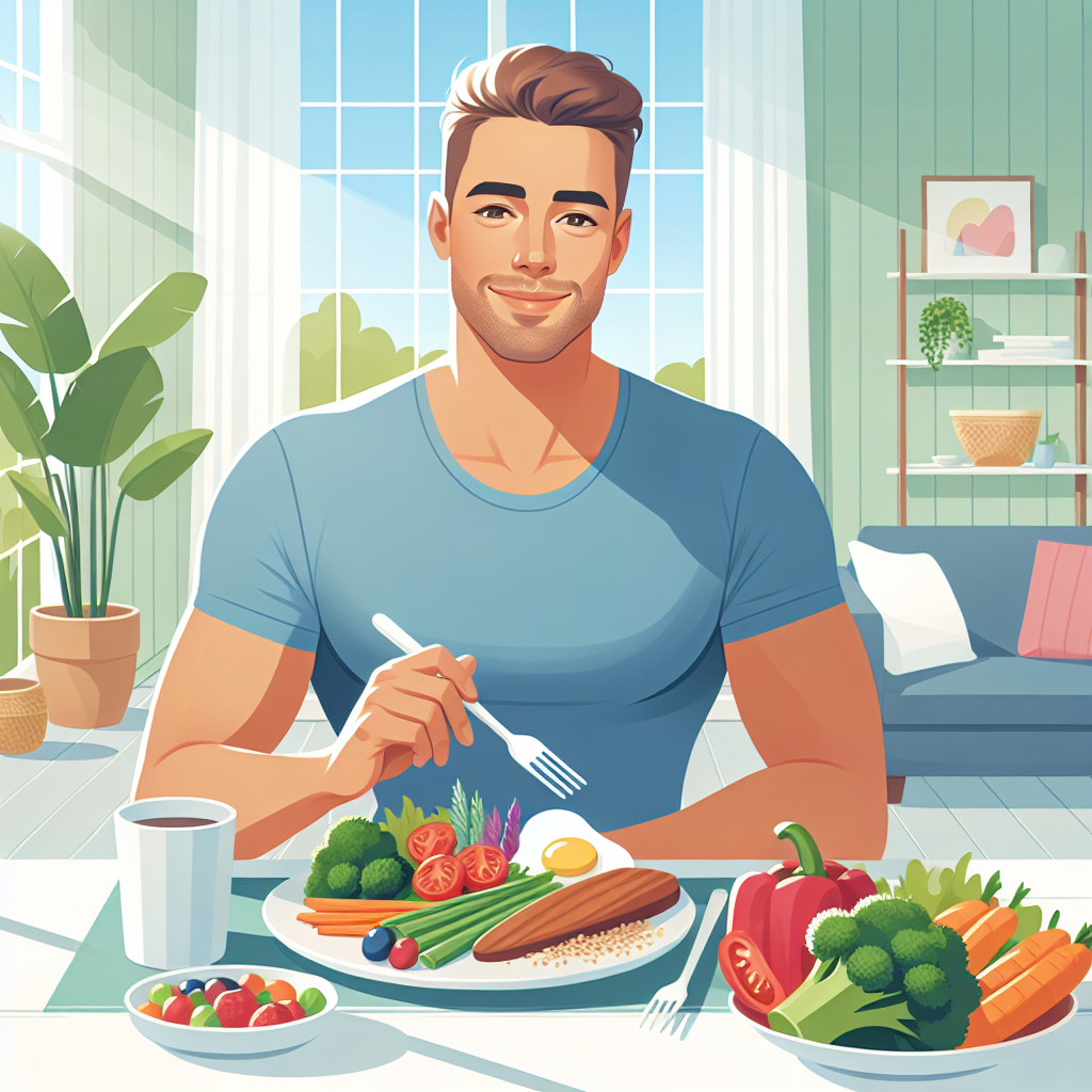 A serene scene featuring a person, subtly appearing healthy and fit, enjoying a delicious, vibrant, and healthy meal at a sunlit dining table in a cozy home environment. The table is adorned with a colorful array of fresh ingredients, such as crisp vegetables, lean protein, and wholesome grains. The person is relaxed, smiling, and looks satisfied, emphasizing the joy of mindful eating for weight loss without the need for strenuous exercise. No sports equipment or gym setting is visible.