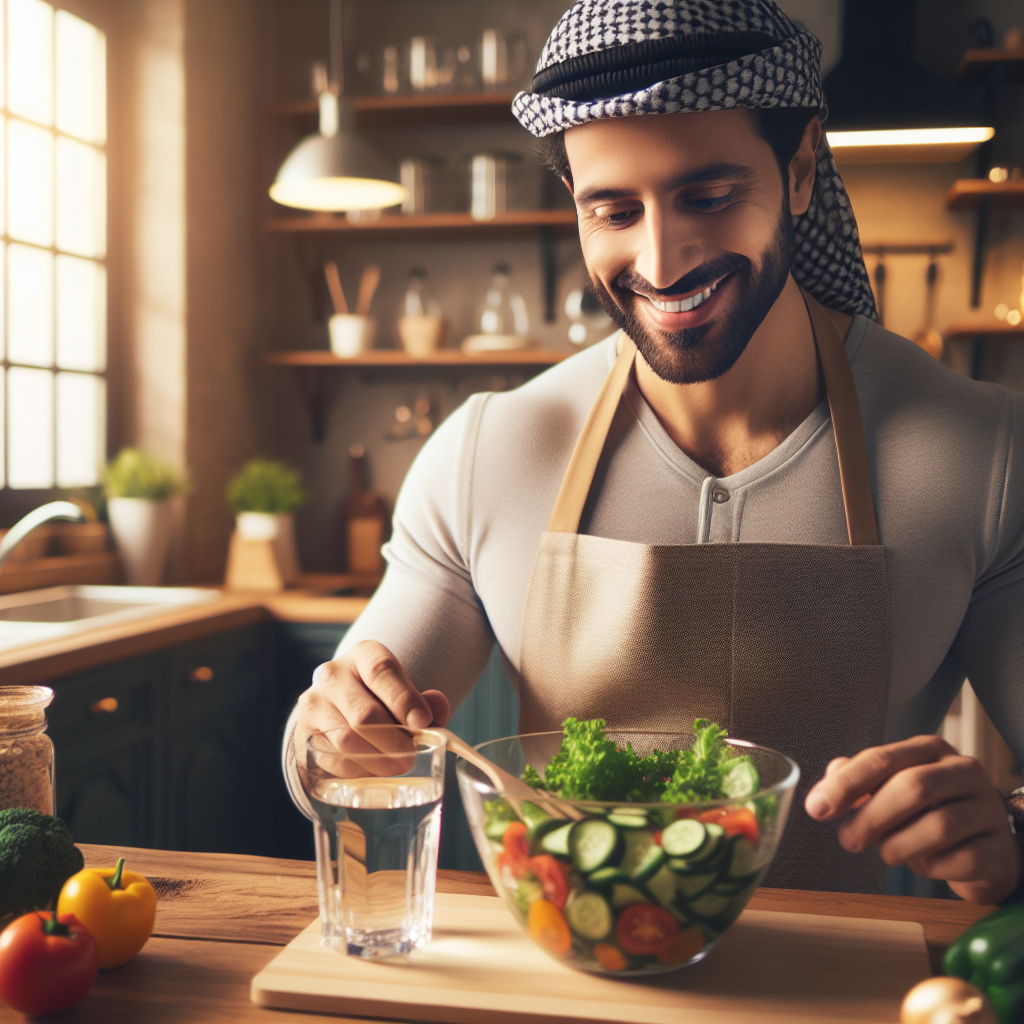 A serene, happy person in a cozy, bright kitchen, casually preparing a simple, fresh and healthy meal (like a colorful salad or vegetables), with a glass of water clearly visible. The scene emphasizes conscious healthy eating habits and the ease of incorporating them into everyday life, with no gym equipment or active exercise shown. Soft natural lighting, warm tones, realistic style.