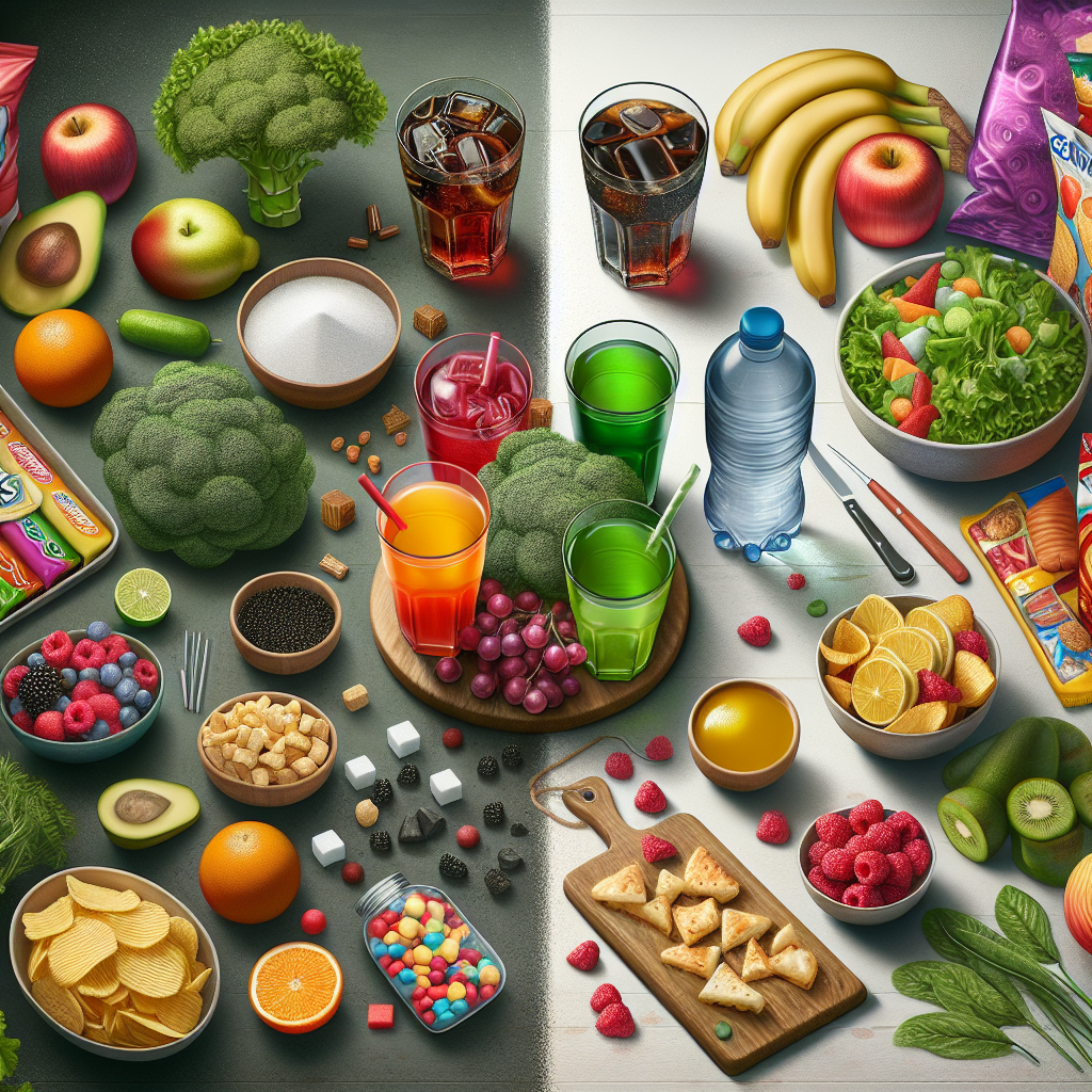 A visual metaphor contrasting common 'calorie traps' with healthy alternatives in an everyday context. On one side, subtly depicted sugary drinks (soda, sweetened juice) and processed snacks. On the other side, fresh water, unsweetened tea, and whole, natural foods (like a bowl of fruit or crisp vegetables) are brightly presented as appealing and healthier choices. The image should convey the idea of making mindful food decisions for weight loss without strenuous activity. Realistic style.