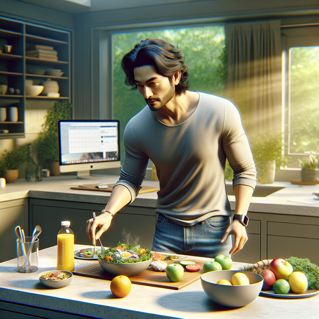 A modern person, casually dressed, looks relaxed yet productive in a clean, contemporary home kitchen. They are quickly assembling a healthy, colorful meal from fresh ingredients. In the background, hints of a busy day (e.g., a laptop on a counter, a calendar) are visible but not overwhelming. The overall impression is one of effortless integration of healthy habits into a packed schedule, promoting weight loss without needing intensive workouts. Bright, natural light, realistic photo.