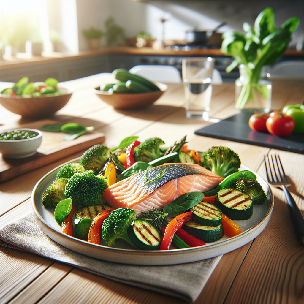 A beautifully plated, appetizing meal on a clean, light wooden dining table. The plate features a perfectly grilled salmon fillet or lean chicken breast, alongside a colorful and abundant medley of roasted vegetables, including vibrant green broccoli florets, red bell pepper strips, zucchini slices, and fresh spinach. The lighting is natural and bright, highlighting the freshness and appeal of the healthy food. The background is a soft-focus modern home kitchen or dining room, emphasizing healthy eating at home for weight loss, conveying satisfaction and deliciousness over restriction, with no exercise equipment visible.