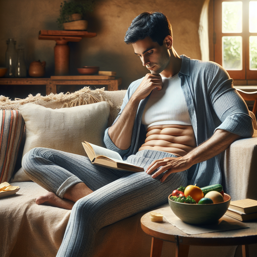 A thoughtful person, with a noticeably slimmer physique, casually relaxing on a comfortable sofa in a cozy living room. They are not engaged in any physical activity, perhaps reading a book or gently touching their arm. On a nearby table, there's a bowl of fresh fruits and vegetables, symbolizing a diet-focused weight loss. The lighting subtly highlights the natural texture of their skin, hinting at the changes that can occur after significant weight loss without exercise, such as slight skin laxity, in a respectful and realistic manner. Soft, natural light. Realistic style.