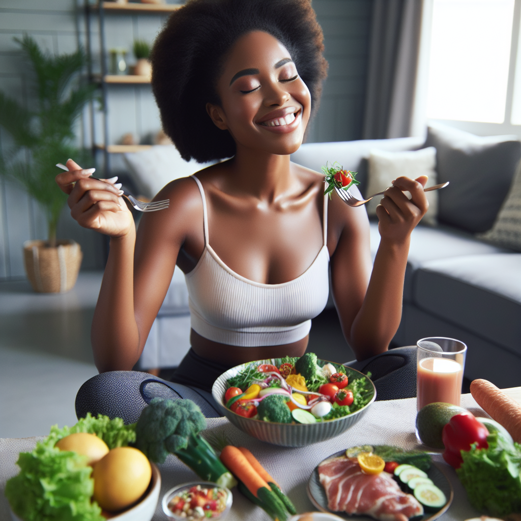 A serene and happy person, perhaps in their 30s-40s, enjoying a delicious, visually appealing healthy meal at home. The table is set with fresh, colorful vegetables, fruits, and lean protein, suggesting mindful eating and a balanced diet. The person has a relaxed posture, looking content and light. There is absolutely no athletic wear, gym equipment, or any suggestion of strenuous physical activity in the scene, emphasizing an easy, non-strenuous approach to wellness. The overall atmosphere is calm, bright, and encouraging, focusing on healthy living through diet and smart daily choices.