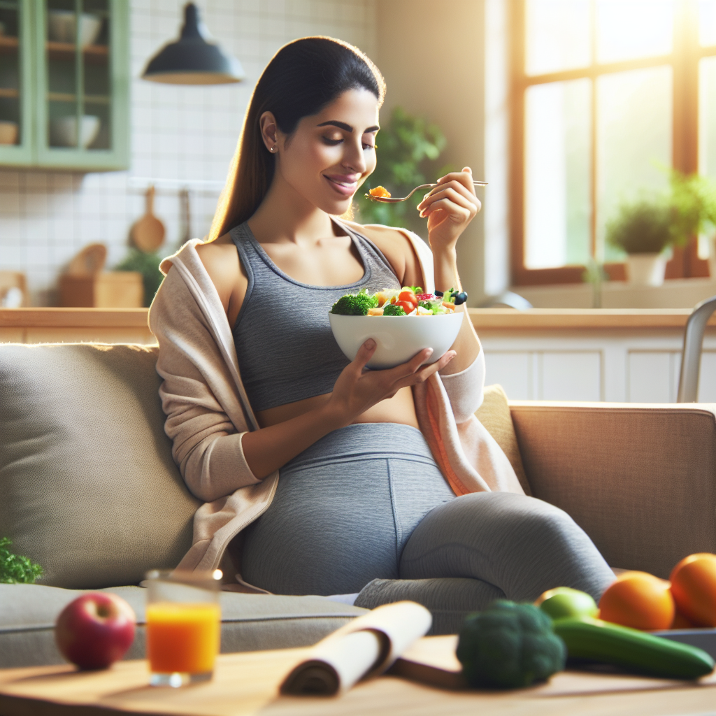 A contented person relaxing comfortably in a bright, inviting home environment, perhaps on a sofa or at a kitchen table. They are enjoying a simple, healthy meal like a fresh salad or fruit platter. No sports equipment or active workout is visible. The scene emphasizes a relaxed, easy approach to a healthy lifestyle and weight loss through nutrition and daily habits. Realistic photo.