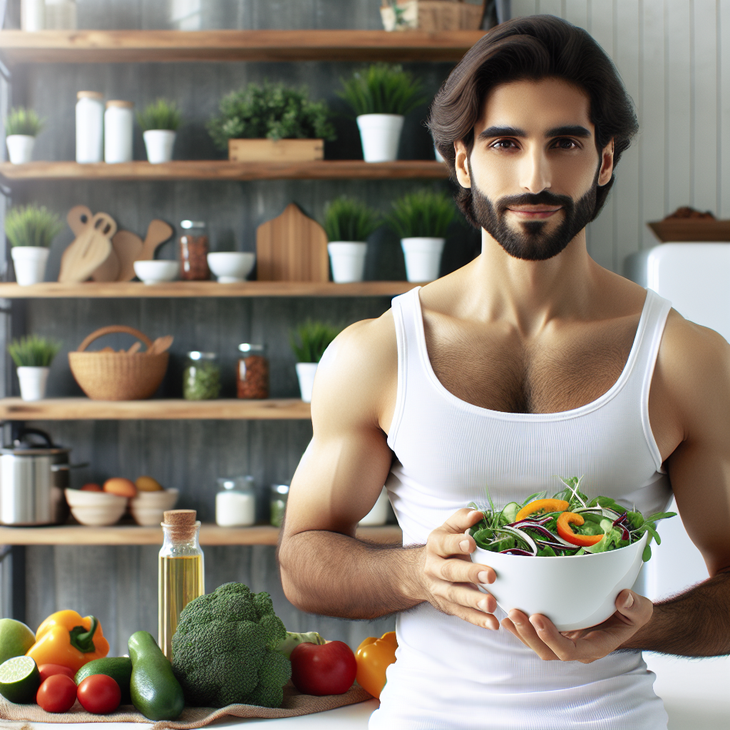 A calm, healthy-looking person, not exercising, is in a bright, modern kitchen, smiling gently while holding a bowl of fresh, colorful salad or fruits. There are no sports items or gym equipment. The scene emphasizes mindful eating and simple, delicious nutrition as the path to weight loss, with a clean and inviting aesthetic. Focus on fresh ingredients and a relaxed atmosphere, conveying ease and sustainability.