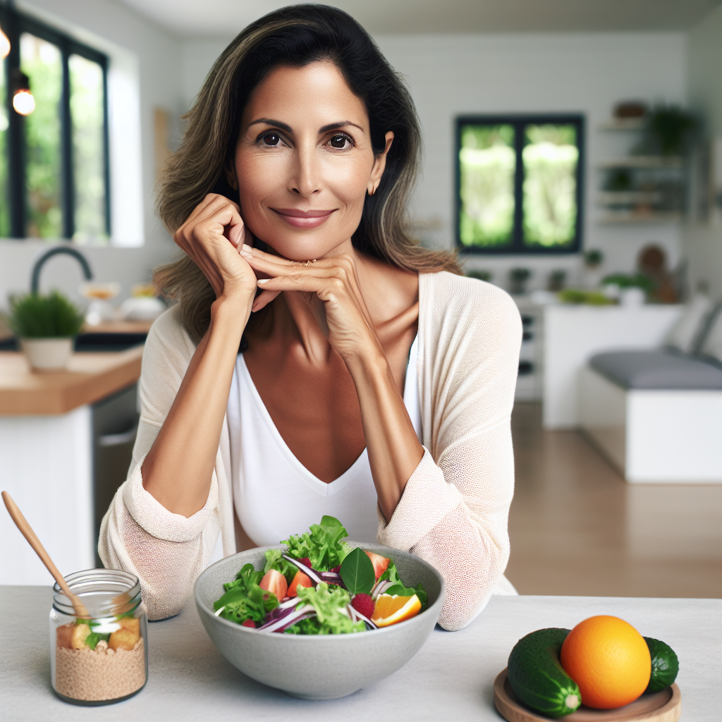 A serene and elegant woman in her early 40s, casually dressed, enjoying a healthy, balanced meal (e.g., a colorful salad or fresh fruit) at a bright kitchen counter in a modern, comfortable home. She looks content and relaxed, embodying a sustainable approach to well-being without intense exercise. Focus on a warm, inviting atmosphere and healthy lifestyle choices, with no sports equipment or gym setting visible.