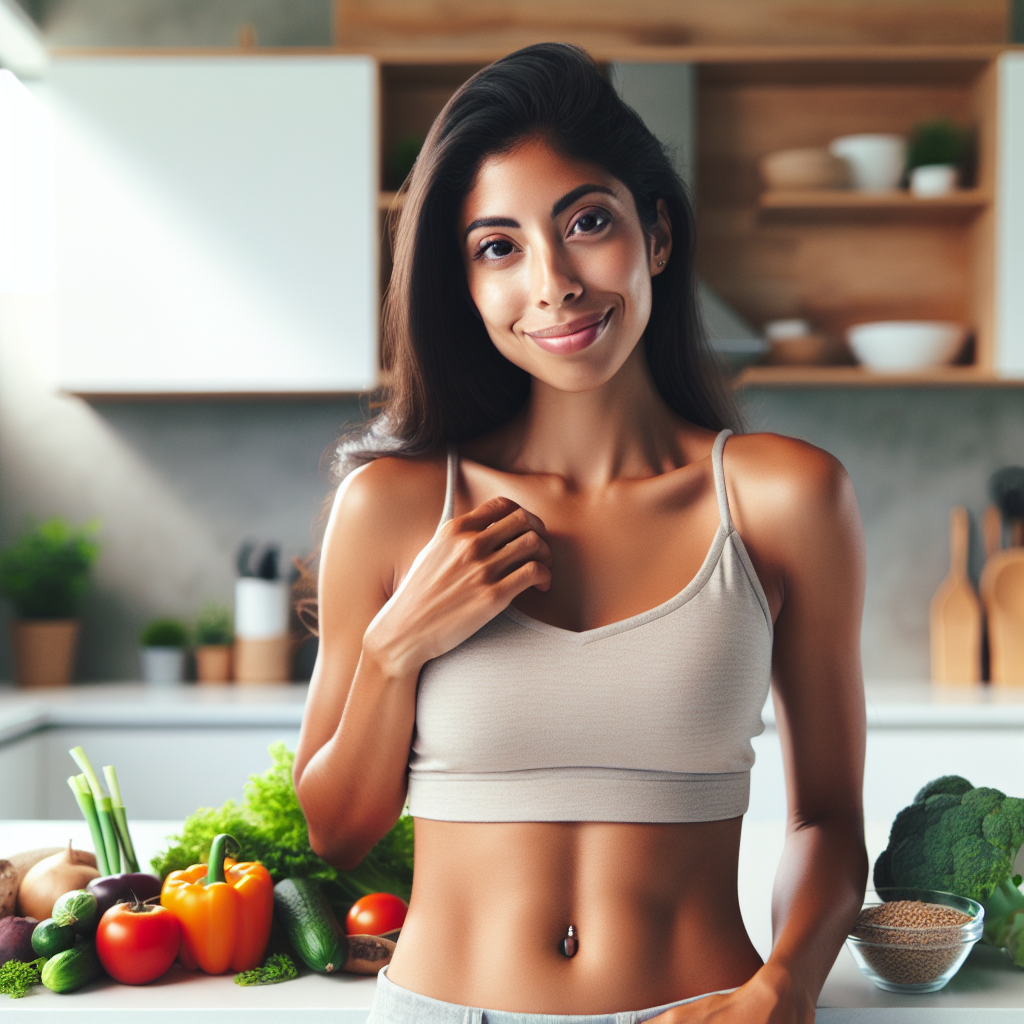A person with a noticeably flatter stomach, looking relaxed and confident, is smiling gently in a clean, modern kitchen. The kitchen counter is adorned with an abundance of fresh, colorful vegetables, fruits, and whole grains, emphasizing healthy eating. There is no athletic gear or gym equipment in sight, reinforcing the 'no sport' aspect. The lighting is soft and natural, creating a serene and achievable atmosphere for weight loss through diet and lifestyle changes.