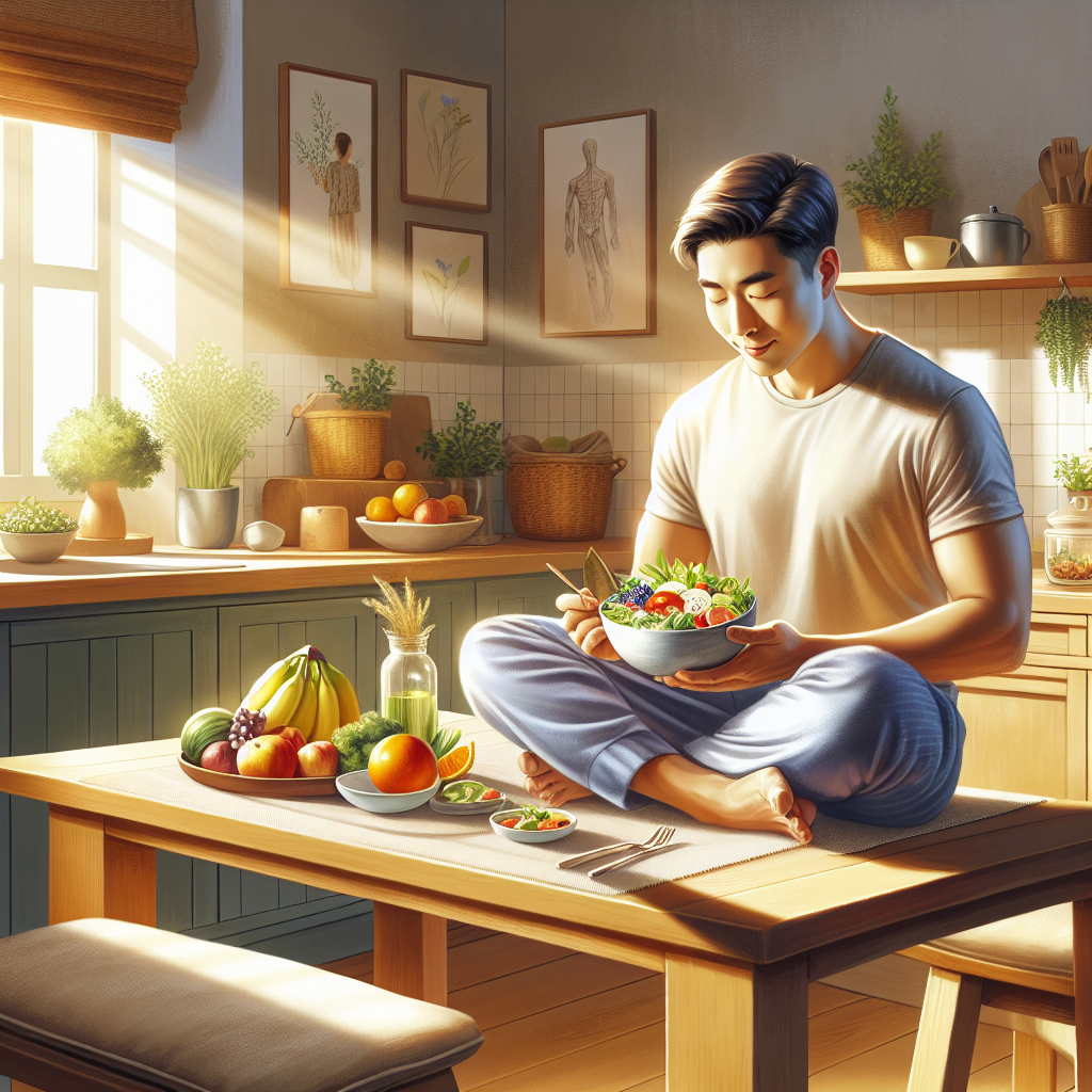 A serene, inviting image of a person calmly enjoying a beautifully arranged, healthy meal (like a vibrant salad or a fresh fruit bowl) at a kitchen table bathed in soft natural light. The setting is a cozy home environment, completely free of any sports equipment, gym clothes, or workout elements. The focus is on mindful eating and a relaxed, sustainable daily routine, embodying healthy weight loss achieved through nutrition and lifestyle adjustments, not strenuous exercise. The overall mood is peaceful, empowering, and focused on well-being. Detailed, realistic, food photography style.
