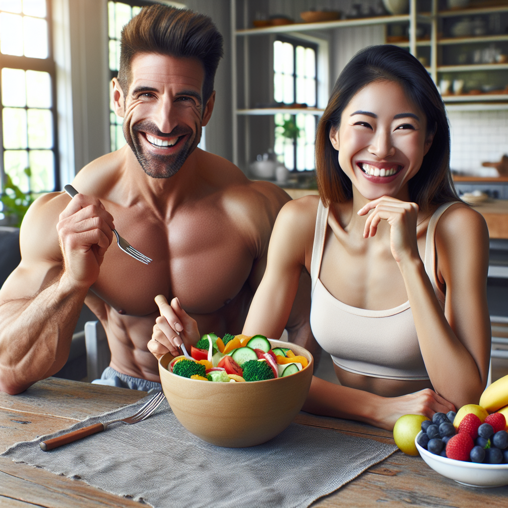 A happy, fit-looking person in comfortable, everyday clothes, smiling contentedly while enjoying a delicious, vibrant healthy meal like a colorful salad with lean protein or a substantial fruit bowl, at a sunlit kitchen table. The scene emphasizes a relaxed, peaceful home environment, with absolutely no gym equipment, workout clothes, or activewear visible. The image conveys effortless weight loss through mindful eating and a calm lifestyle. Realistic photo, bright, and positive.