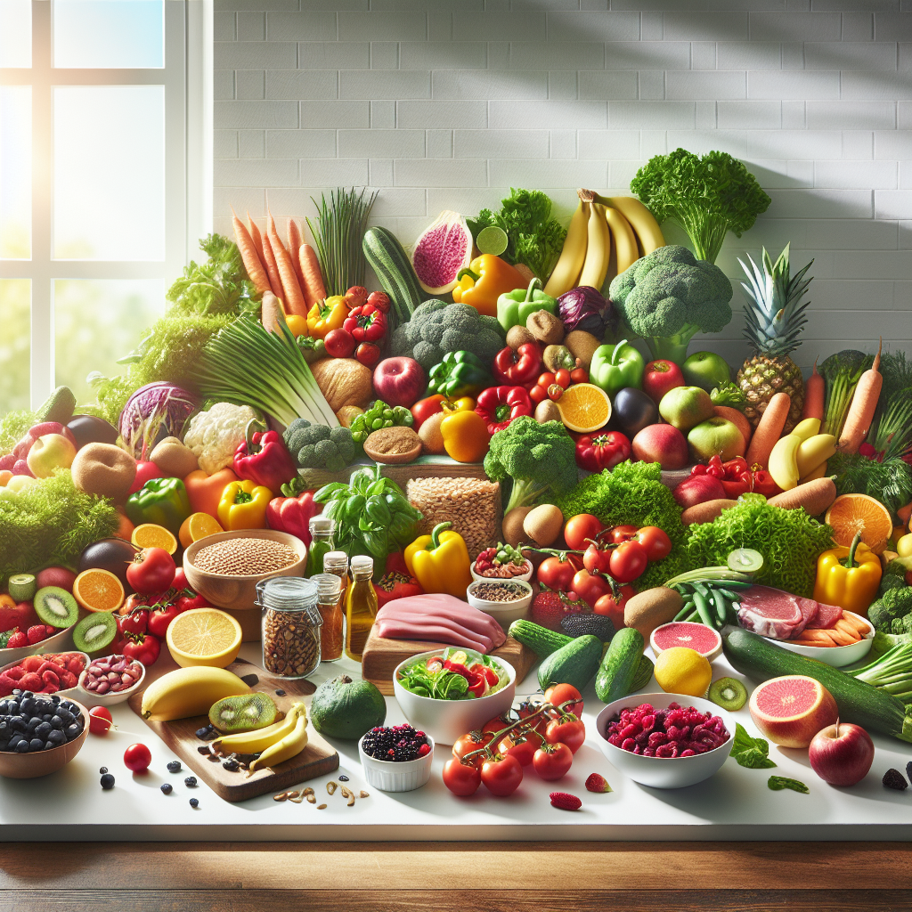 A vibrant, aesthetically pleasing arrangement of fresh, wholesome foods (colorful vegetables, fruits, lean protein, whole grains) on a clean kitchen counter. The composition subtly suggests a path to a healthier, lighter self without any gym equipment or athleticwear in sight. Emphasize natural light and a peaceful, healthy atmosphere. Realistic photography style.