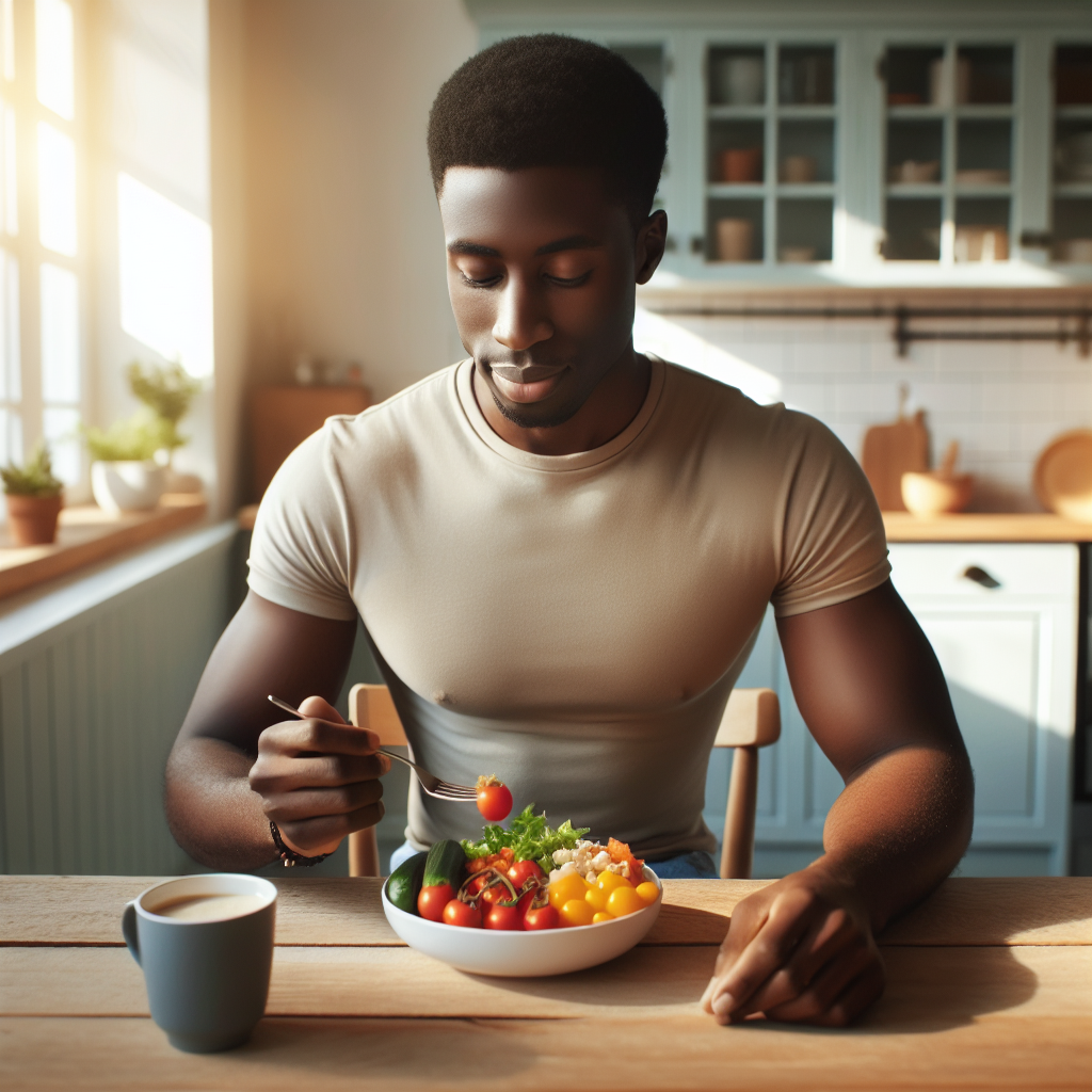 A person calmly and mindfully enjoying a colorful, balanced meal at a bright kitchen table, looking relaxed and content. The setting is a normal, inviting home kitchen, emphasizing healthy everyday eating without a restrictive diet feel. Realistic photo, soft natural lighting.