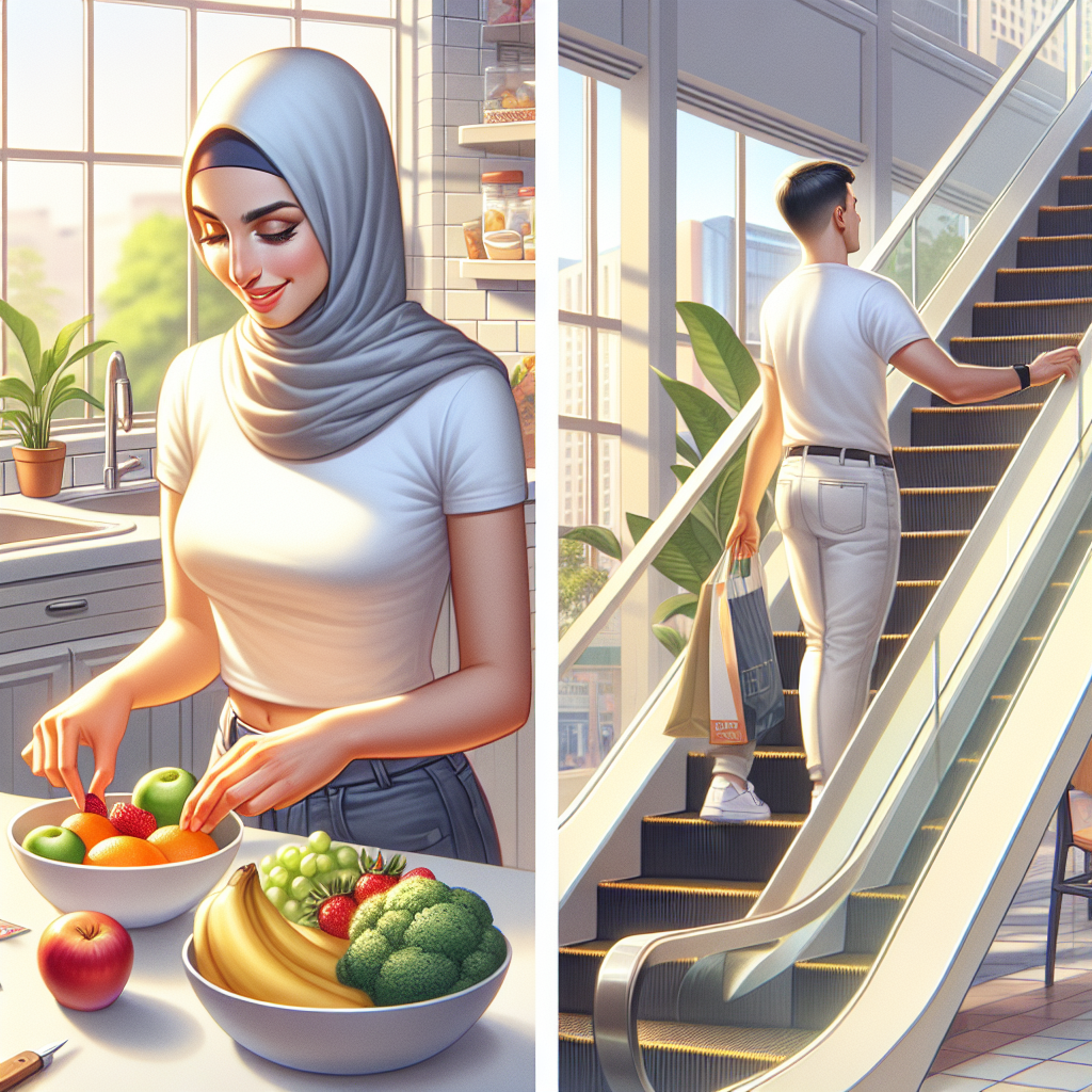 A conceptual image showing subtle, easy-to-integrate healthy habits in daily life leading to weight loss, without sport or diet. For instance, a person casually choosing a piece of fruit from a bowl on a counter instead of an unhealthy snack, or opting for stairs over an escalator in a mundane setting, depicted with a light, positive feeling. No visible strenuous exercise or diet foods, just simple, everyday healthy swaps. Bright, clean, realistic photo style, conveying ease and gradual change.