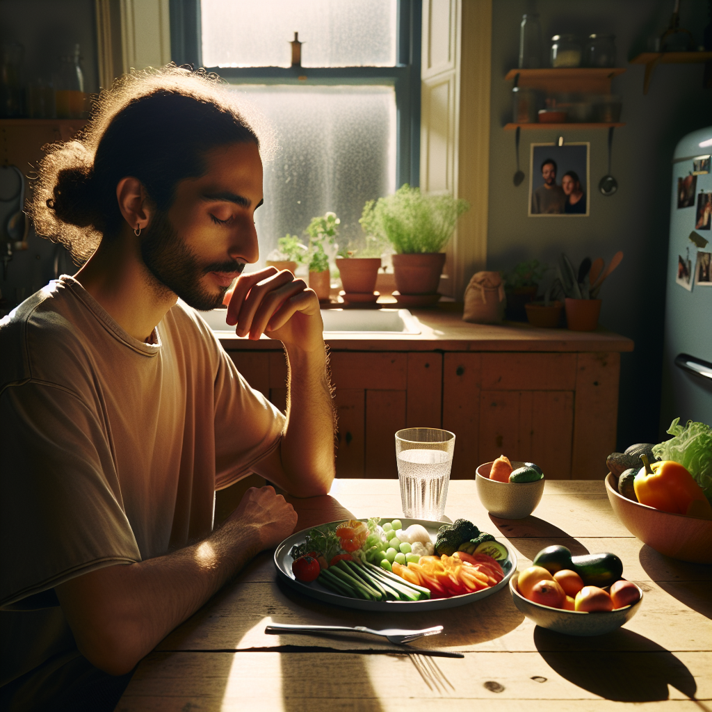 A person (gender-neutral) sitting calmly at a kitchen table in natural daylight, slowly and mindfully enjoying a colorful, healthy meal. There's a glass of water nearby. The atmosphere is relaxed and comfortable, conveying a sense of ease and everyday wellness, without any overt signs of struggle or deprivation. The focus is on a gentle, sustainable approach to health, emphasizing home and routine rather than gyms or strict diets. Realistic photo.