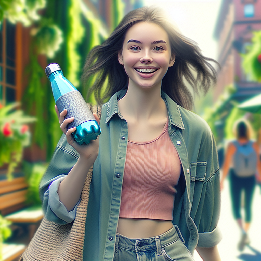 A joyful person (gender-neutral) confidently walking in a bright, everyday environment (e.g., a park path or a bustling street with greenery), appearing light and energetic. They carry a reusable water bottle. The image should convey a feeling of effortless well-being and freedom, illustrating weight management through simple daily habits rather than intense workouts or restrictive diets. The person is smiling genuinely, looking comfortable and healthy in their normal clothes. Realistic photo.