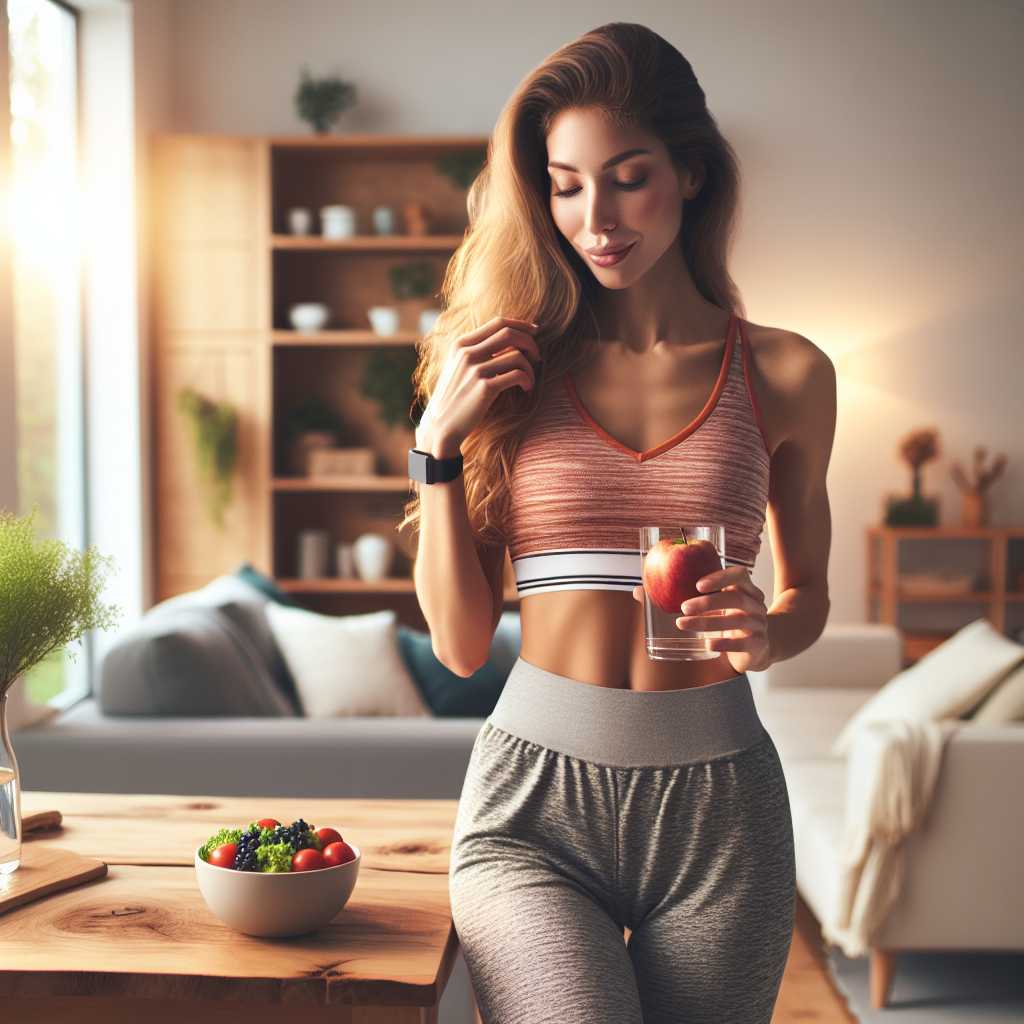 A serene woman in her comfortable home, perhaps in a bright, modern kitchen or living room. She is casually dressed, not in athletic wear, and is holding a glass of water and a vibrant, healthy snack like an apple or a small bowl of berries. She looks calm and content, illustrating weight loss through healthy daily habits rather than strenuous exercise. No sports equipment is visible. Soft, natural lighting. Realistic style.