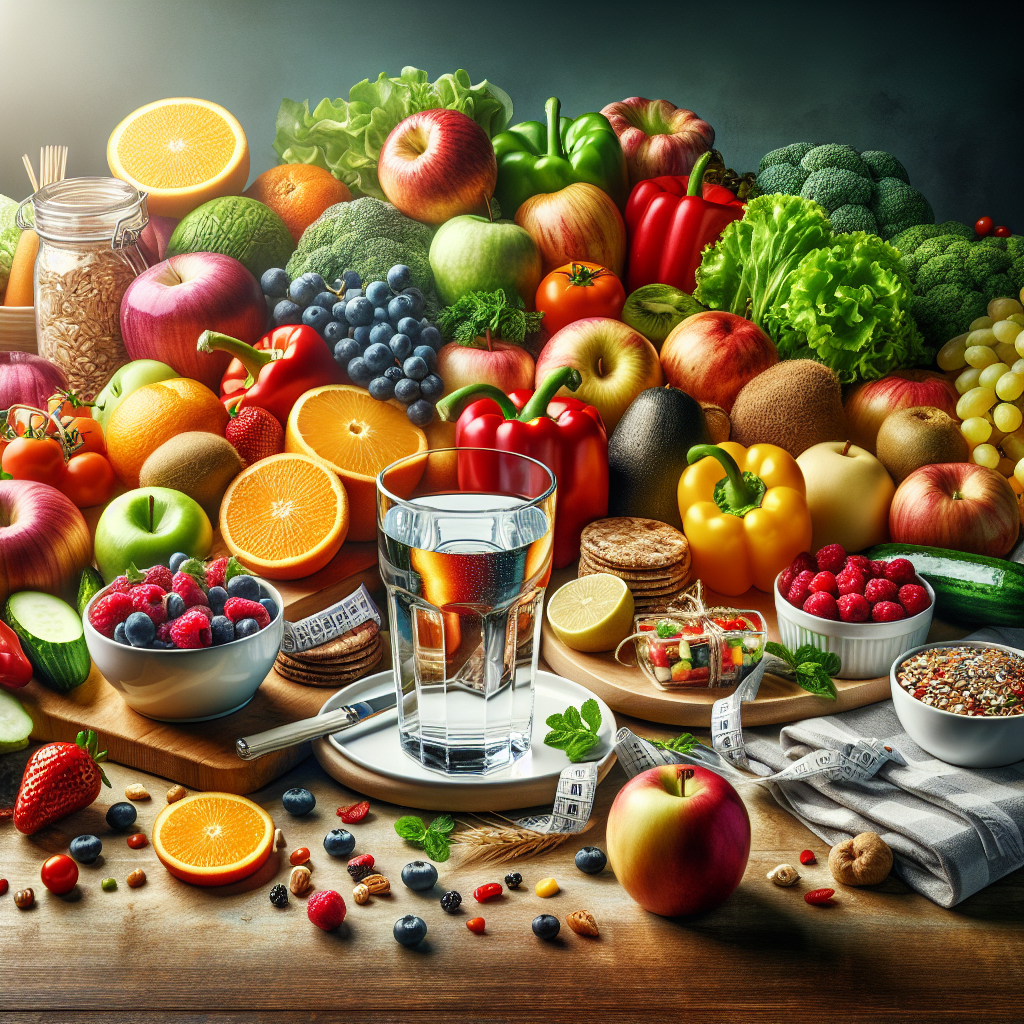 A beautifully arranged still life featuring a diverse array of fresh, natural, and unprocessed foods on a clean kitchen counter or wooden table. Include colorful fruits (e.g., berries, citrus, apples), various vegetables (e.g., leafy greens, bell peppers, tomatoes), and whole grains. A tall glass of water is prominently displayed. The composition emphasizes healthy eating as the key to weight loss, with no junk food or exercise equipment in sight. Vibrant, appealing, and realistic.