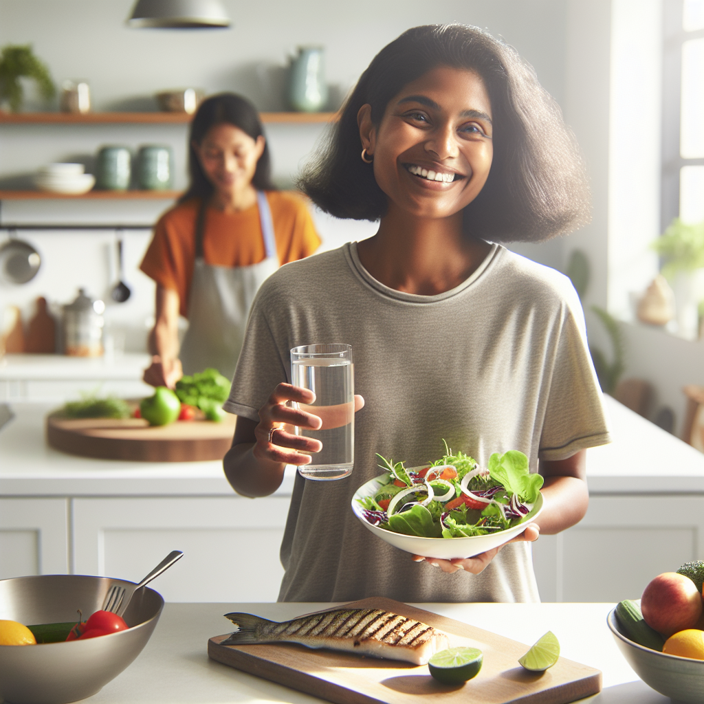 A serene and happy person, looking healthy and vibrant, in a bright, clean modern kitchen. They are casually holding a plate with a colorful, fresh salad, some lean protein (like grilled chicken or fish), and a glass of water, or perhaps arranging fresh fruits and vegetables on a counter. The atmosphere is calm and relaxed, emphasizing healthy eating choices and a comfortable, effortless approach to well-being. No sports equipment or athletic wear is visible. The lighting is soft and natural, highlighting fresh ingredients. Realistic photography style, warm tones.