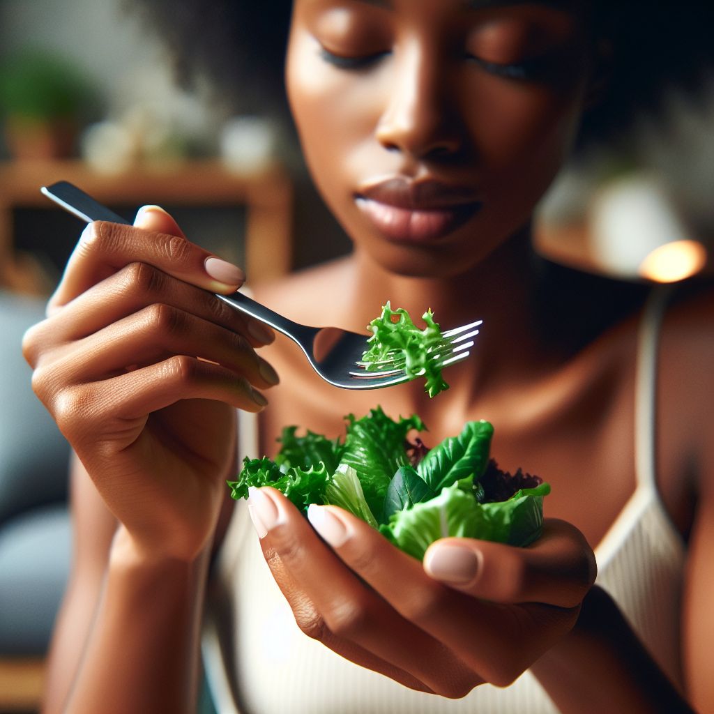 Close-up of a person's hands holding a fork, slowly and deliberately bringing a bite of a vibrant, fresh salad towards their mouth. The focus is on the act of mindful eating, emphasizing the texture and colors of the food. The background is softly blurred, suggesting a peaceful and cozy home environment. The scene conveys a sense of calm, enjoyment, and conscious consumption, highlighting the pleasure of eating slowly and attentively. Realistic, inviting photo style.