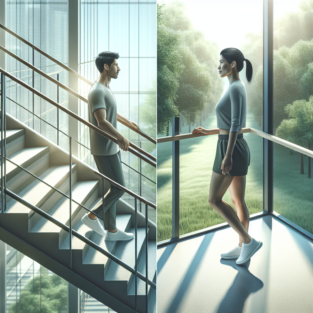 A person effortlessly integrating small movements into their daily routine, such as taking the stairs in a bright, modern office building instead of an elevator, or walking leisurely in a park. The scene should convey ease, calm, and subtle activity, not strenuous exercise, emphasizing 'Abnehmen ohne Sport'. The person looks content and healthy. Soft, natural lighting.