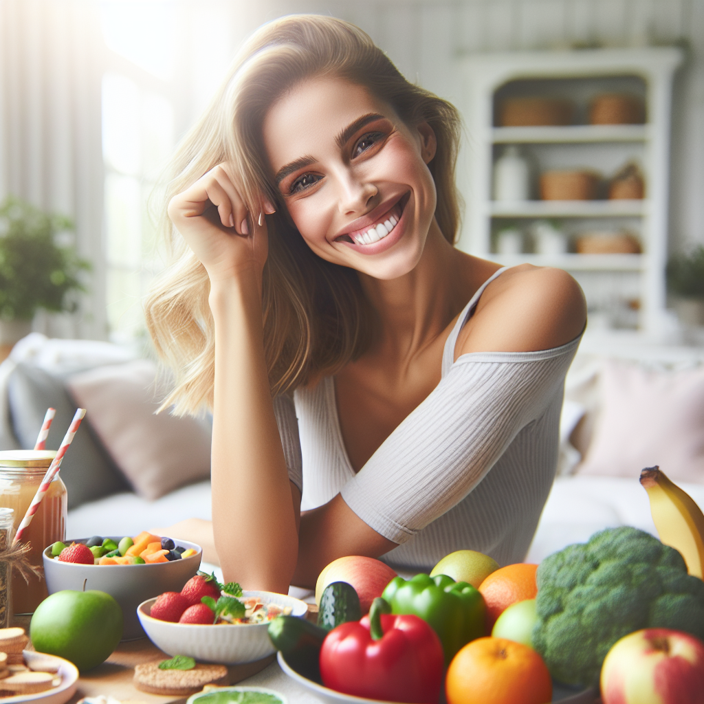 A person with a healthy, radiant smile, casually enjoying a relaxed moment in a bright, homey environment, perhaps stretching gently or enjoying a simple meal. They are surrounded by an abundance of fresh, unprocessed foods like colorful fruits, crisp vegetables, and whole grains. No sports equipment, gym clothing, or medication bottles are visible. The image conveys ease, well-being, and sustainable weight loss through natural lifestyle changes. Soft, natural lighting.
