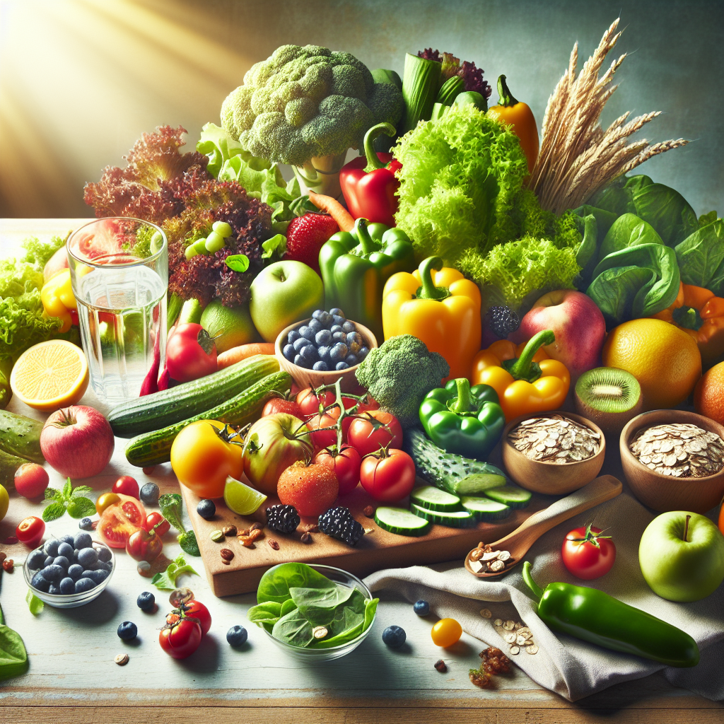 A vibrant, inviting still life composition showcasing a variety of fresh, natural, and unprocessed foods on a clean surface. Include a colorful assortment of vegetables (e.g., leafy greens, bell peppers, tomatoes), various fruits (e.g., berries, apples, citrus), whole-grain bread or oats, and a clear glass of water. The arrangement should look appealing, emphasize wholesome nutrition, and convey simplicity as the key to healthy weight loss. Bright, natural daylight.