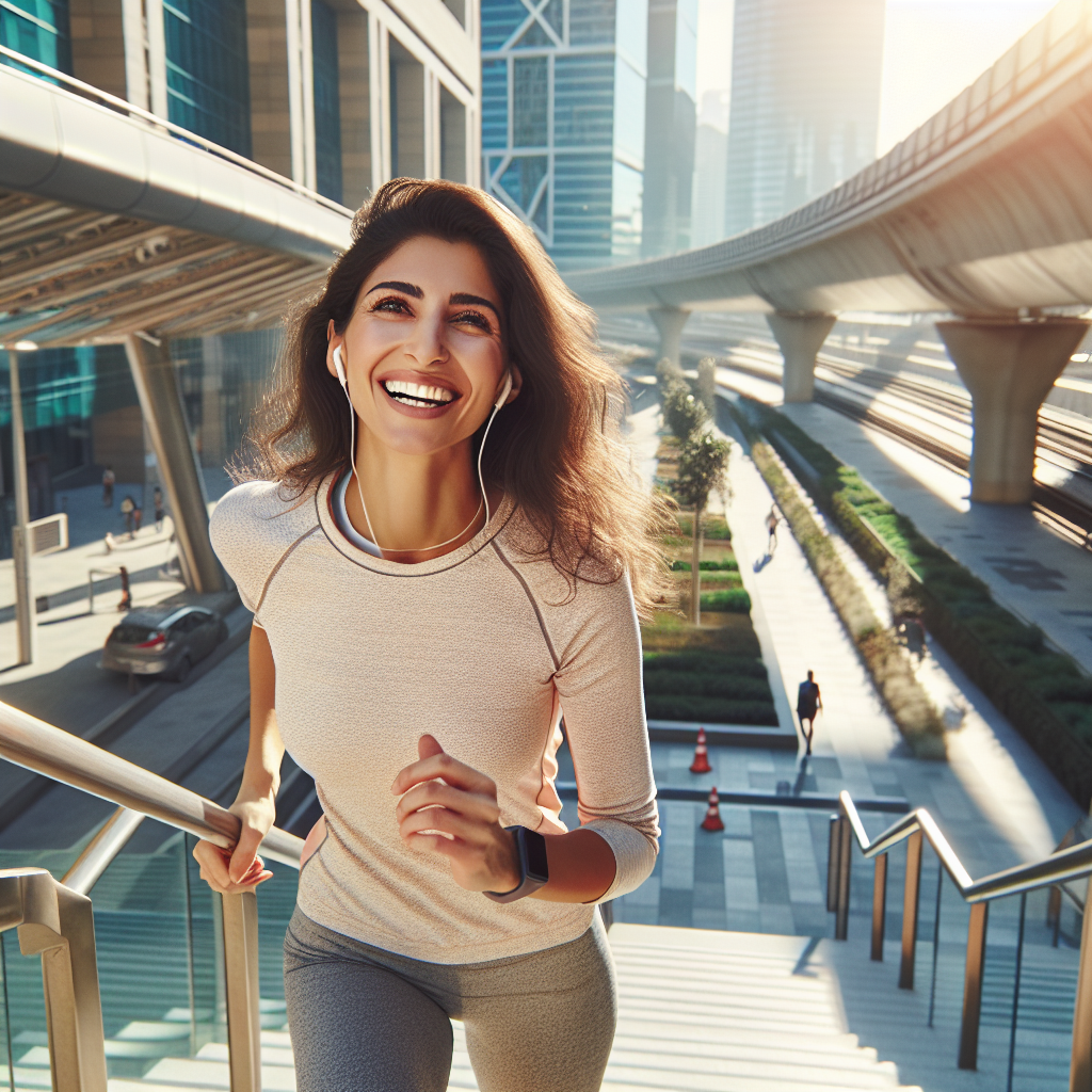 A cheerful, diverse person effortlessly walking up a sunlit outdoor staircase, smiling and looking energetic. The scene highlights easy, integrated daily movement, not strenuous exercise. A modern urban background with some greenery. The overall mood is positive, light, and encourages simple lifestyle changes. Bright, clear photography style.