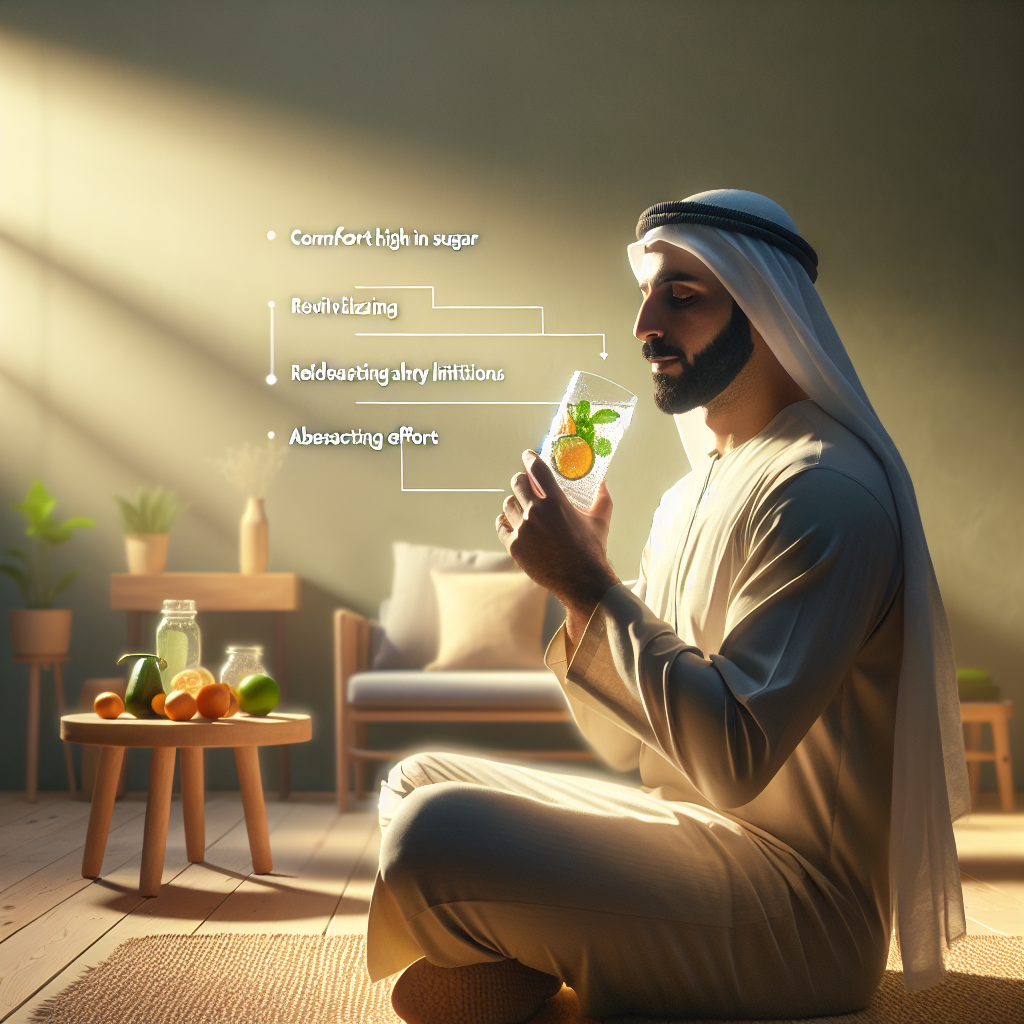 A peaceful, bright scene showing a person making a small, mindful healthy choice in their everyday life, such as swapping a sugary drink for a refreshing glass of water with fruit, while relaxing at home. The image should convey ease, simplicity, and a lack of effort, with no visible diet restrictions or intense exercise. Soft, natural light, warm tones. Focus on the feeling of sustainable, effortless well-being.