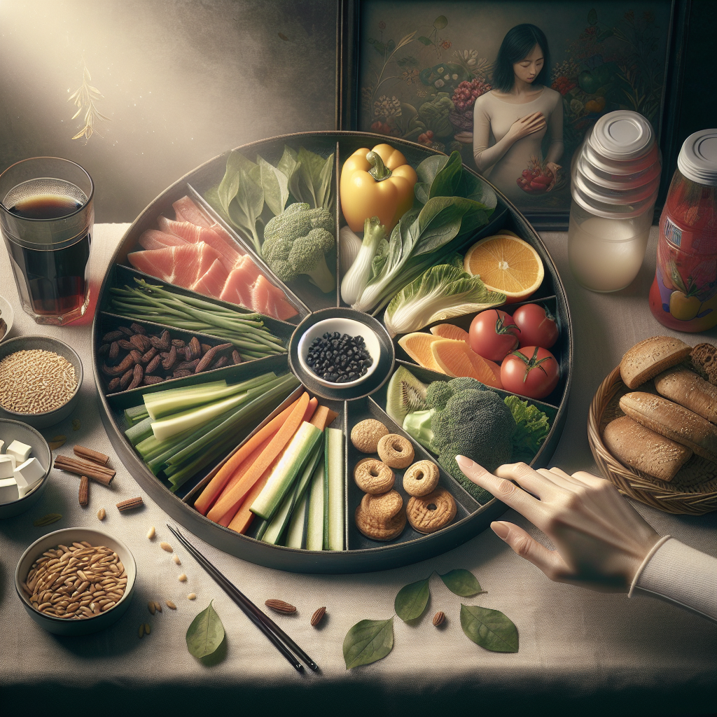 A visually appealing still life composition illustrating mindful eating and smart choices. On one side, a plate with fresh, simple, wholesome ingredients (e.g., colorful vegetables, lean protein, whole grains) is carefully arranged. On the other side, subtly, a blurred or less prominent representation of common calorie traps like sugary drinks or processed snacks. A person's hands gently reaching for the wholesome plate, conveying a deliberate, calm choice. The overall mood should be positive and empowering, not restrictive. Soft, inviting light.