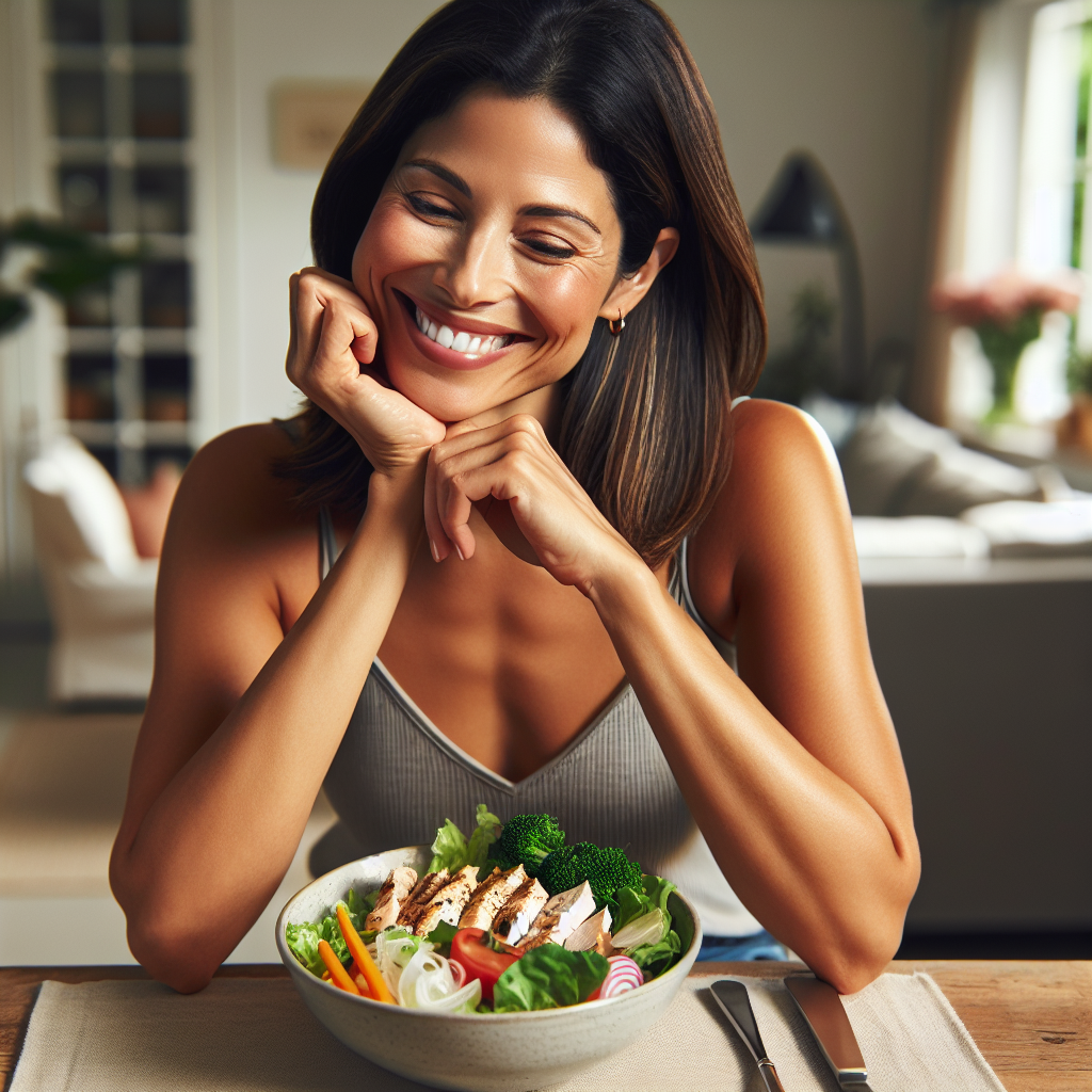 A happy, relaxed person, mid-30s, smiling gently while enjoying a delicious, colorful and healthy meal (like a large fresh salad with grilled chicken and various vegetables) at a kitchen table in a bright, comfortable home environment. There is absolutely no sports equipment, gym gear, or athletic wear visible. The scene emphasizes effortless well-being and content living without exercise.
