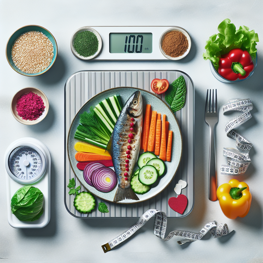 An aesthetically pleasing flat lay of a balanced, low-calorie meal on a plate, featuring vibrant fresh vegetables, a portion of lean protein (e.g., grilled fish), and a small serving of whole grains. Next to the plate, a subtle visual element like a simple digital weight scale showing a positive, decreasing number, or a clean measurement tape emphasizing a shrinking waistline. The background is minimalist, conveying smart, effective choices for weight loss.