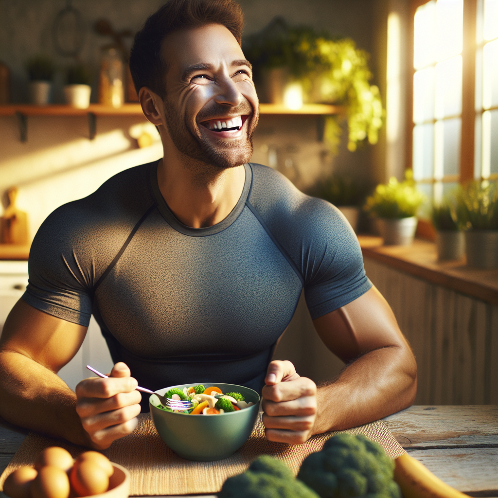 A happy and confident person with a noticeably healthier, slimmer physique, enjoying a vibrant, nutritious home-cooked meal in a relaxed, cozy kitchen or dining room. The scene emphasizes ease and well-being, with absolutely no sports equipment or workout gear in sight. Focus on healthy food and a calm, everyday setting. High-quality photo, warm lighting.