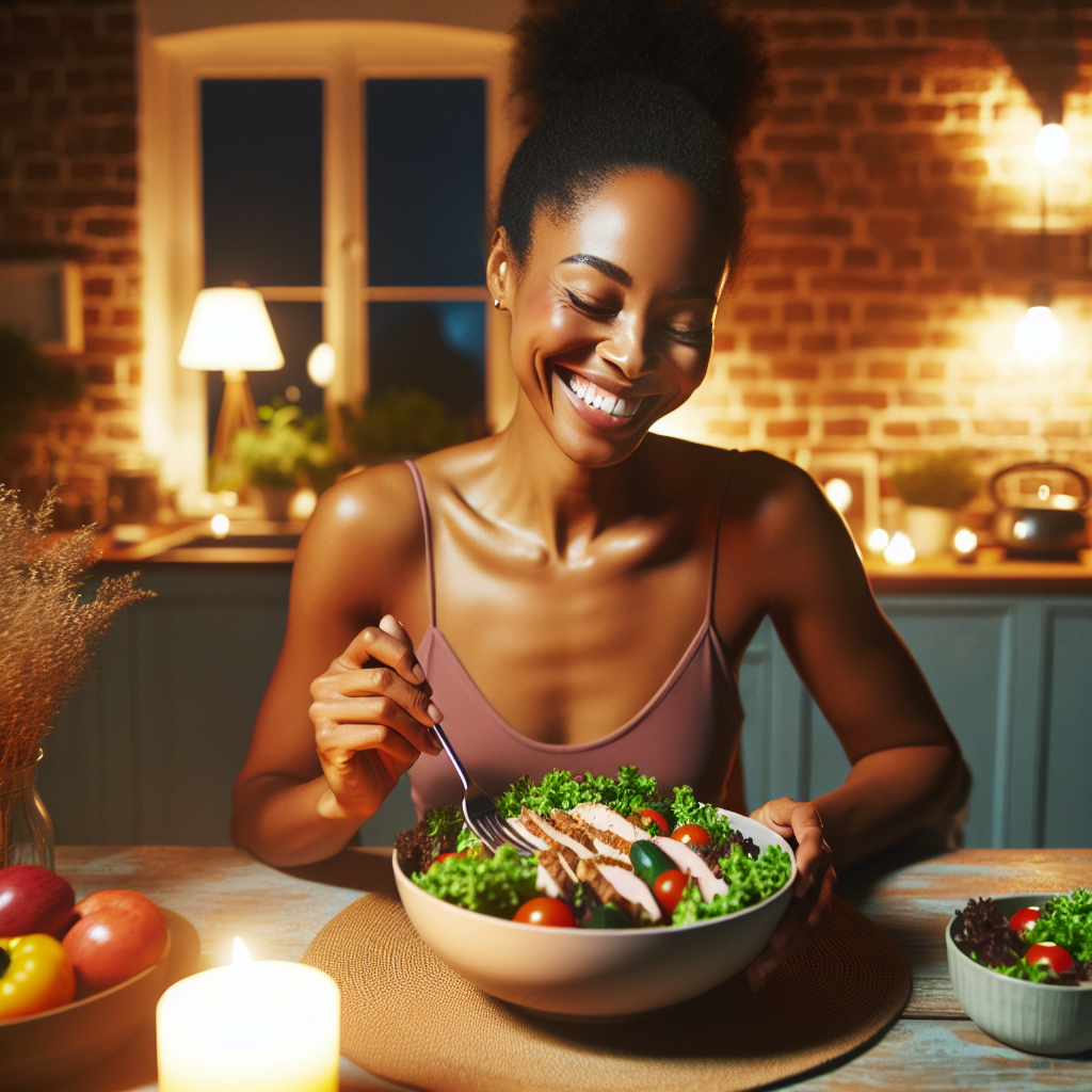 A happy, relaxed person enjoying a vibrant, healthy meal (e.g., a colorful salad with lean protein) at a beautifully set kitchen table in a cozy home environment. There is no sports equipment or gym attire visible. The lighting is warm and natural, emphasizing ease and well-being, symbolizing successful weight loss through mindful eating rather than strenuous exercise. Realistic photo, blog article style, inviting atmosphere.