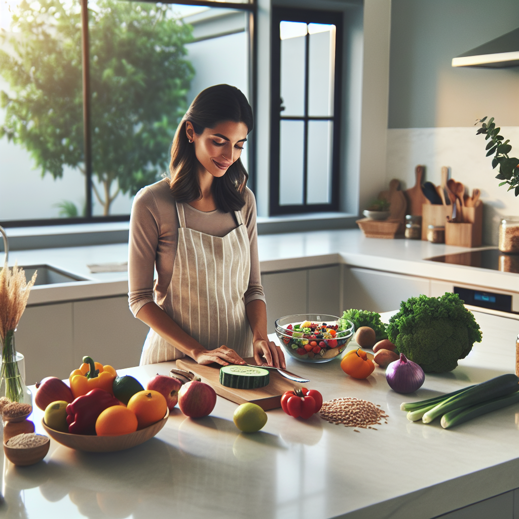 A serene and modern kitchen scene, where a young mother is preparing a healthy meal. Fresh, colorful vegetables, fruits, and whole grains are neatly arranged on the counter. She has a calm and content expression, embodying mindful eating and conscious food choices after pregnancy, without any reference to breastfeeding. Soft, natural light, clean aesthetic, realistic style.