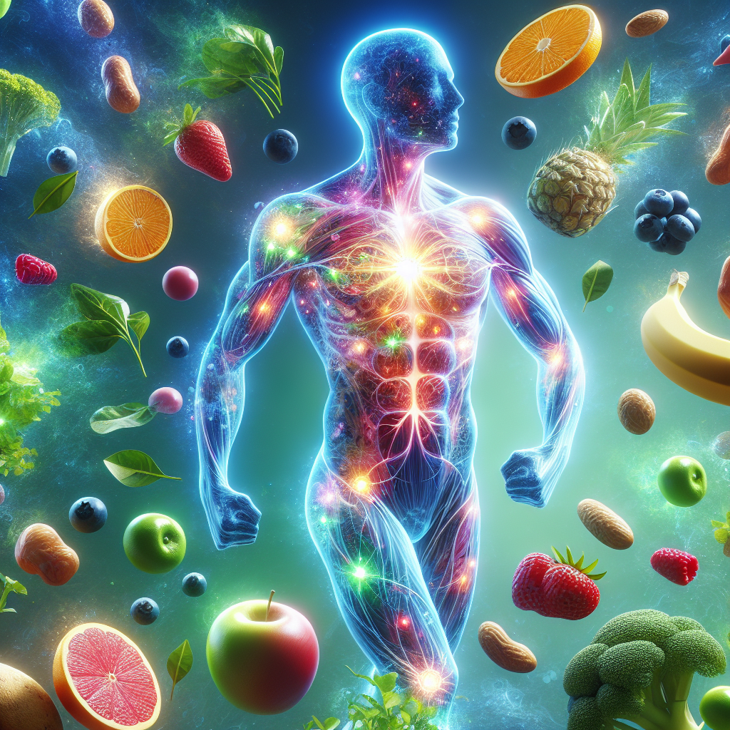 A vibrant and energetic person (gender-neutral) with a healthy, lean physique, glowing with vitality. Subtle, glowing gears or interconnected lines are visible within their midsection, symbolizing a well-functioning and active metabolism. They are surrounded by an abundance of fresh, colorful healthy foods like berries, leafy greens, and lean protein, with implied gentle movement like stretching or walking in a bright, airy, and clean environment. Realistic, inspiring, clean aesthetic.