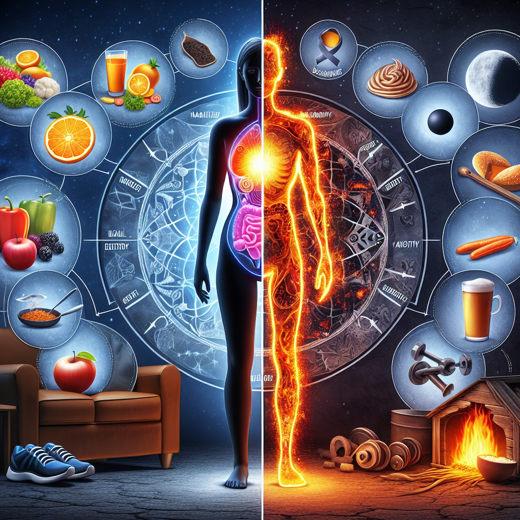 A conceptual split image illustrating 'healthy metabolism' versus 'damaged metabolism'. On the left, a bright, glowing internal engine or furnace within a human silhouette, surrounded by icons of balanced nutrition (a diverse plate of food), active lifestyle (running shoes), and restful sleep (a crescent moon). On the right, a dim, rusty, or sputtering engine within another human silhouette, surrounded by icons of extreme caloric restriction (a tiny, sparse meal), inactivity (a worn-out couch), and sleep deprivation (dark circles under eyes). Clean digital art style, symbolic, with clear visual contrast and metaphor.