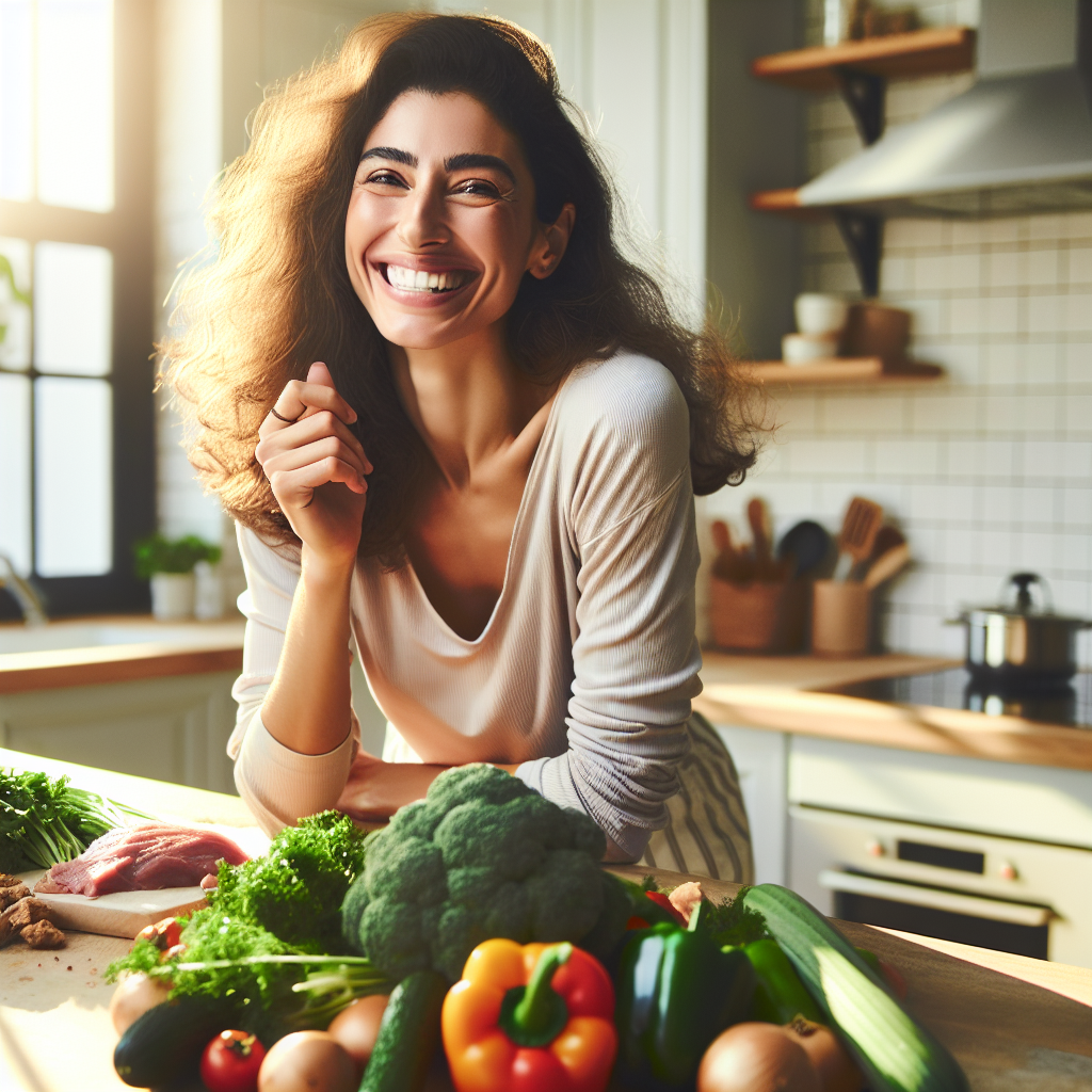 A happy and relaxed person in a bright, modern kitchen, smiling while effortlessly preparing a healthy, vibrant meal. There are no signs of intense exercise or gym equipment. The scene conveys a sense of ease and well-being through mindful eating and a balanced lifestyle, with abundant fresh vegetables and lean protein on the counter. Soft natural light.