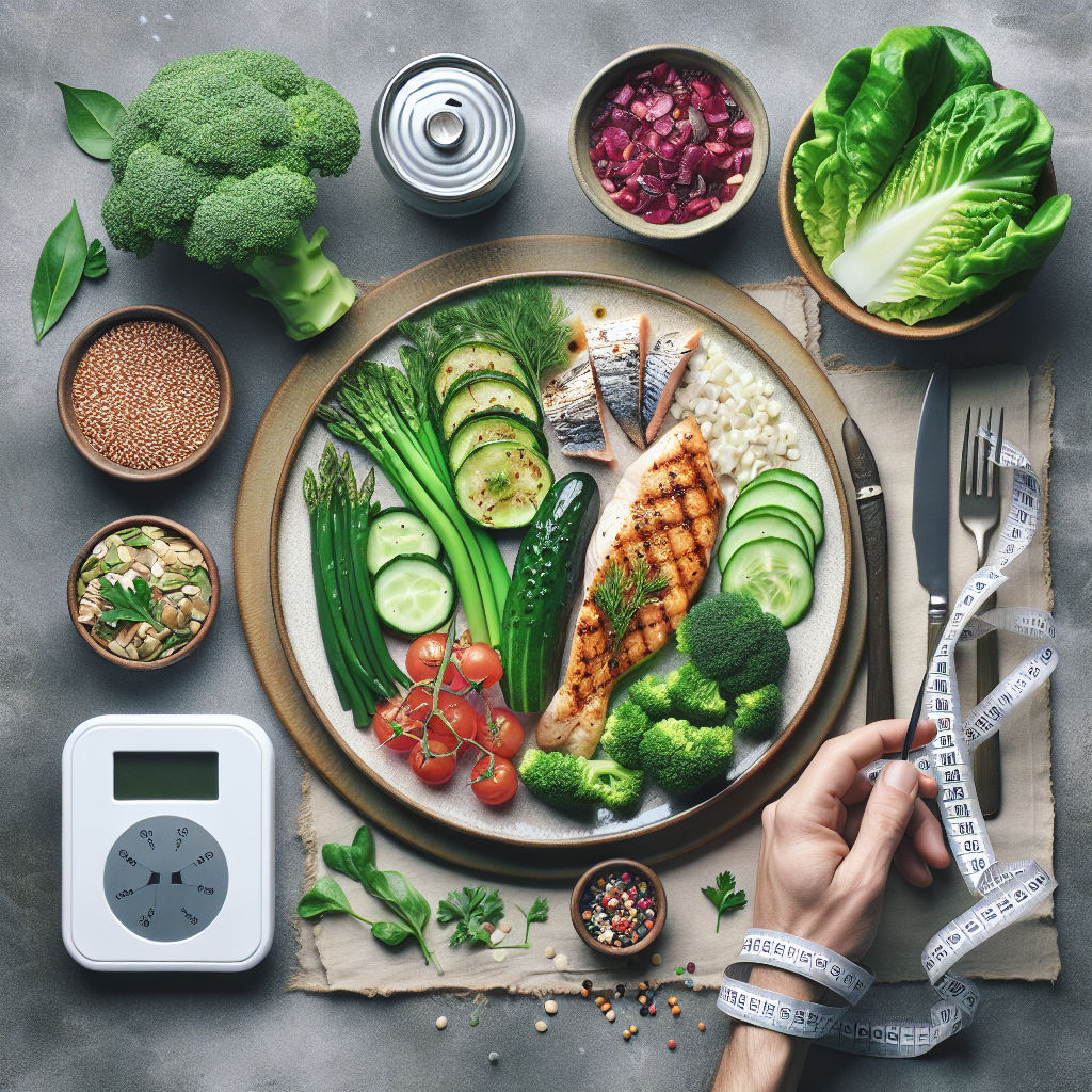 A clean and appealing flat lay showcasing a perfectly portioned, healthy meal with ingredients like grilled chicken or fish, fresh green vegetables, and whole grains, artfully arranged on a plate. Beside the plate, a small, elegant food scale and a measuring tape subtly indicate mindful eating and progress, without any elements of strenuous physical activity. Bright, natural lighting.
