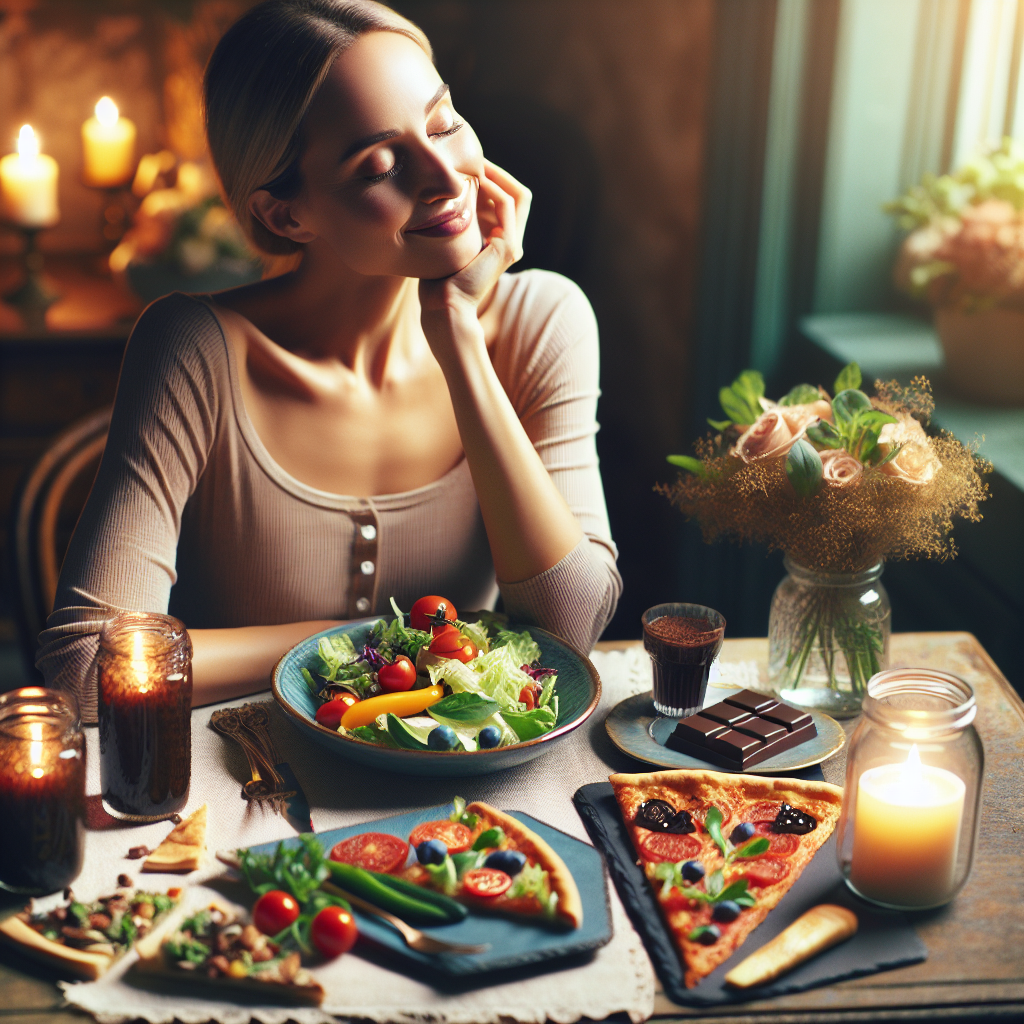 A happy, relaxed person enjoying a delicious, balanced meal at a beautifully set table. The meal includes a mix of vibrant healthy foods like a fresh salad, alongside a small, artfully presented indulgence like a single piece of dark chocolate or a small slice of gourmet pizza. The scene emphasizes mindful eating, enjoyment, and a sense of wellbeing without deprivation. Soft, warm natural lighting, cozy home setting.