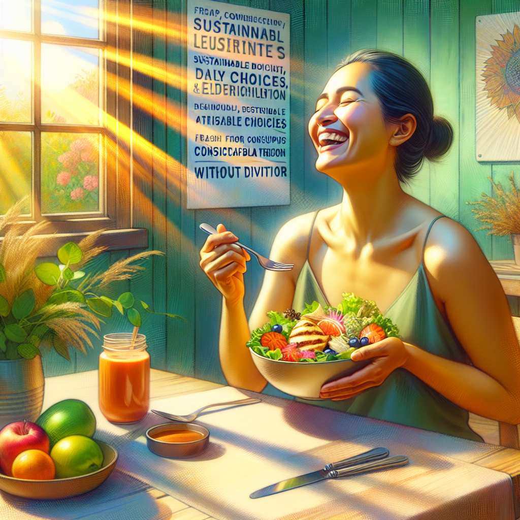 A happy, healthy person radiating well-being, enjoying a beautifully arranged, colorful and delicious healthy meal (like a vibrant salad with grilled chicken, fresh fruit, or a smoothie bowl) in a relaxed, sunlit kitchen or garden setting. The scene conveys a sense of ease, enjoyment, and freedom from diet stress, emphasizing sustainable lifestyle choices and mindful eating without deprivation. There are no signs of restriction or struggle, only contentment and vitality. The style is inviting and optimistic, with warm, natural light.