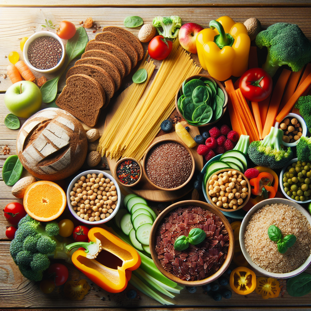 An inviting flat lay arrangement showcasing a variety of healthy, complex carbohydrate foods. This includes slices of wholesome whole-grain bread, uncooked whole-wheat pasta, a bowl of cooked brown rice or quinoa, colorful fresh vegetables (like broccoli, bell peppers, spinach), legumes (like chickpeas or lentils), and a small portion of fresh fruit (such as berries or an apple). The composition is fresh, abundant, and vibrant, set on a rustic wooden table, emphasizing smart and healthy eating choices. Top-down view, realistic, bright studio lighting.