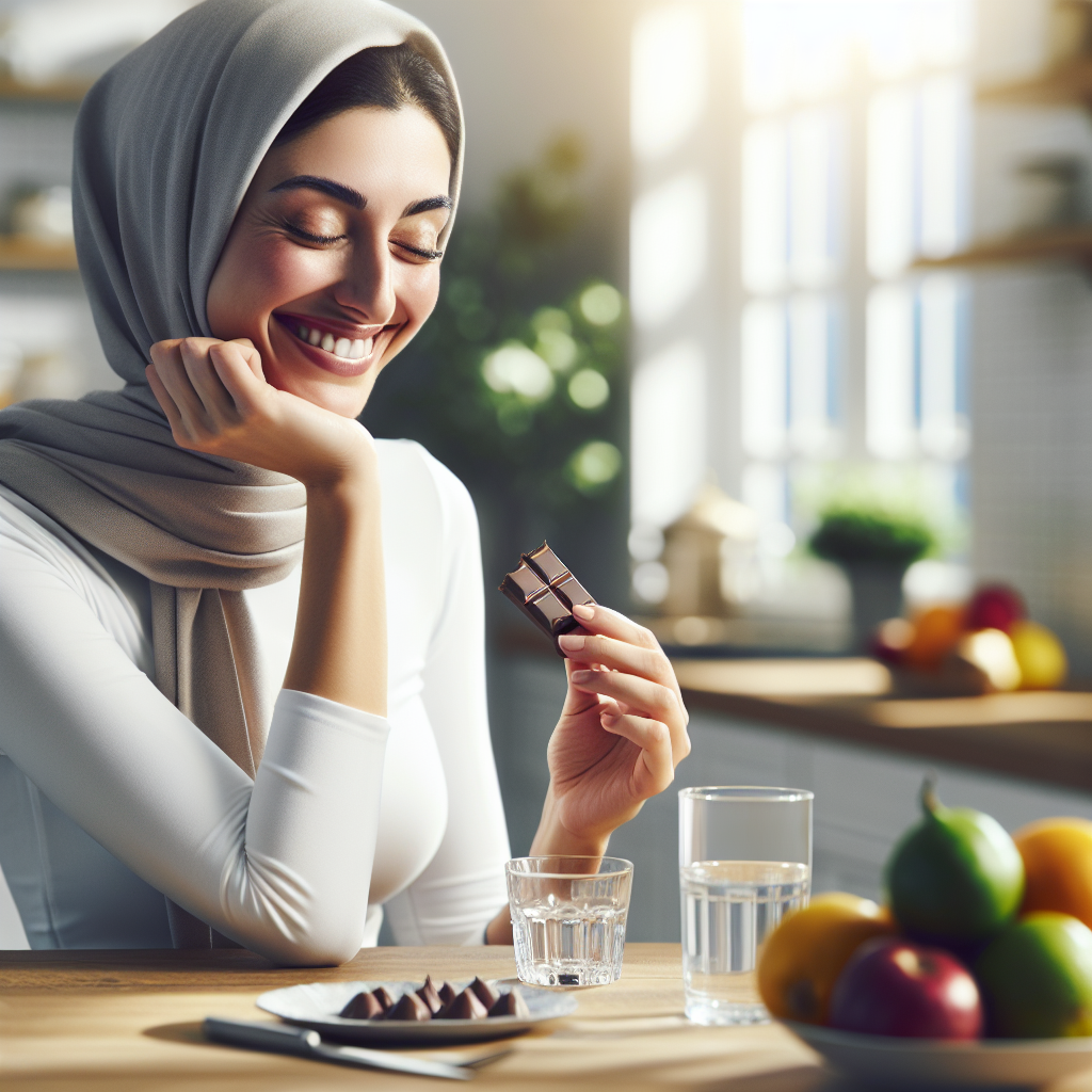 A healthy, happy person (e.g., a woman in her 30s) is smiling while mindfully enjoying a single, exquisite piece of dark chocolate or a small gourmet praline. The setting is bright and inviting, perhaps a kitchen counter with fresh fruit or a glass of water subtly in the background, emphasizing a balanced lifestyle. The overall mood is one of joy and moderation, not deprivation. High quality, realistic photograph.
