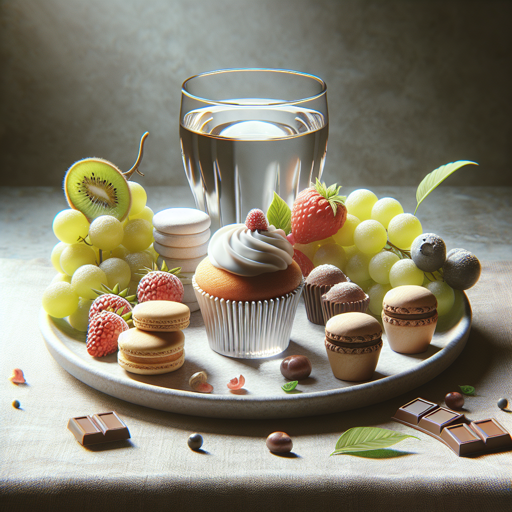 A beautifully arranged still life featuring a small, elegant plate with one or two small, indulgent treats (e.g., a mini cupcake, a delicate macaron, a piece of high-quality chocolate) placed harmoniously alongside fresh, vibrant healthy elements like colorful berries, sliced kiwi, or a small glass of water. The composition should convey balance, conscious enjoyment, and the idea that treats can be part of a healthy lifestyle. Soft, natural lighting. High detail, realistic photograph.