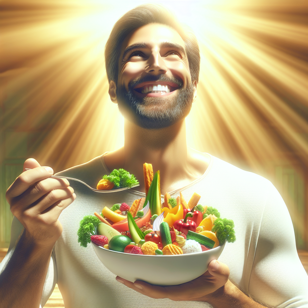 A person with a healthy and energetic glow, happily savoring a beautifully presented, colorful and delicious-looking meal. The food is clearly healthy but appears indulgent and satisfying, not restrictive. They are smiling genuinely, emphasizing the enjoyment and pleasure of mindful eating without deprivation. The setting is bright and inviting, with warm, natural light. High-quality, realistic photograph.