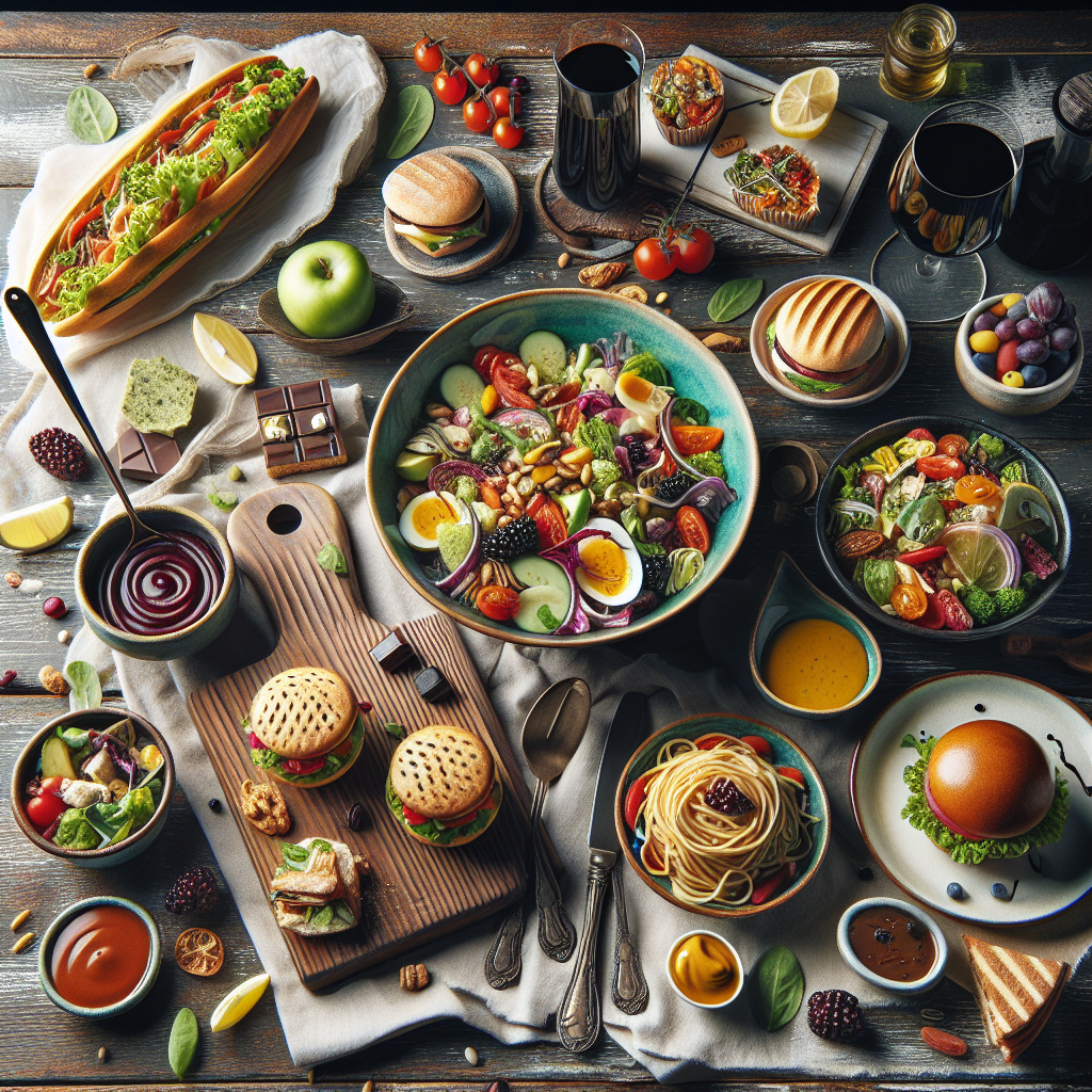 A vibrant flat lay of a diverse and appealing food spread on a stylish, rustic wooden table. The composition includes a generous bowl of fresh, colorful salad with a delicious dressing, a small but elegantly plated portion of whole-grain pasta or a few gourmet sliders, and a small, artfully arranged dessert like a fruit tart or a single piece of high-quality dark chocolate. The scene conveys balance, variety, and the joy of a sustainable, non-depriving approach to eating. Bright, soft natural lighting, high-quality, realistic photograph.